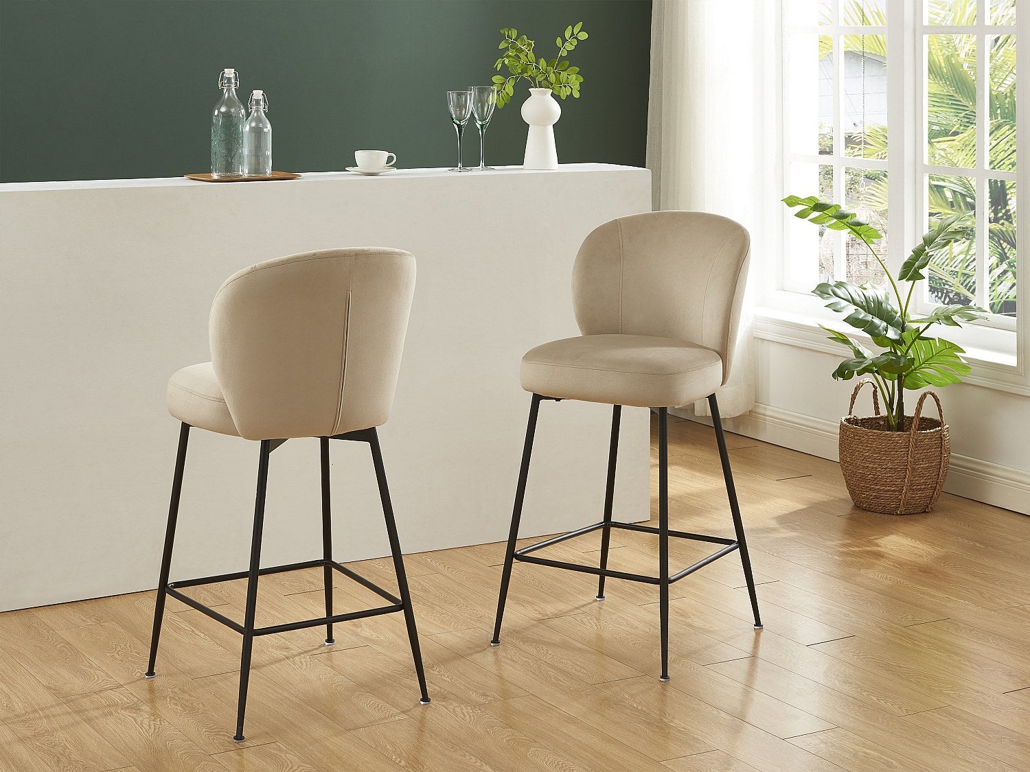Zestaw 2 stołków barowych z weluru i czarnego metalu - Beżowy - POLPONA