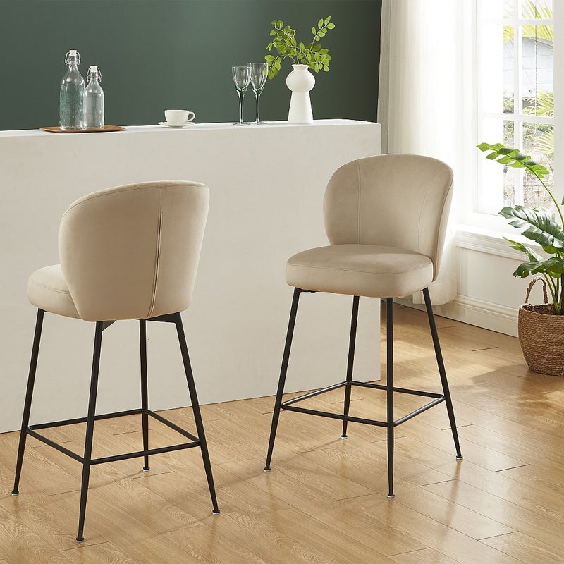 Zestaw 2 stołków barowych z weluru i czarnego metalu - Beżowy - POLPONA