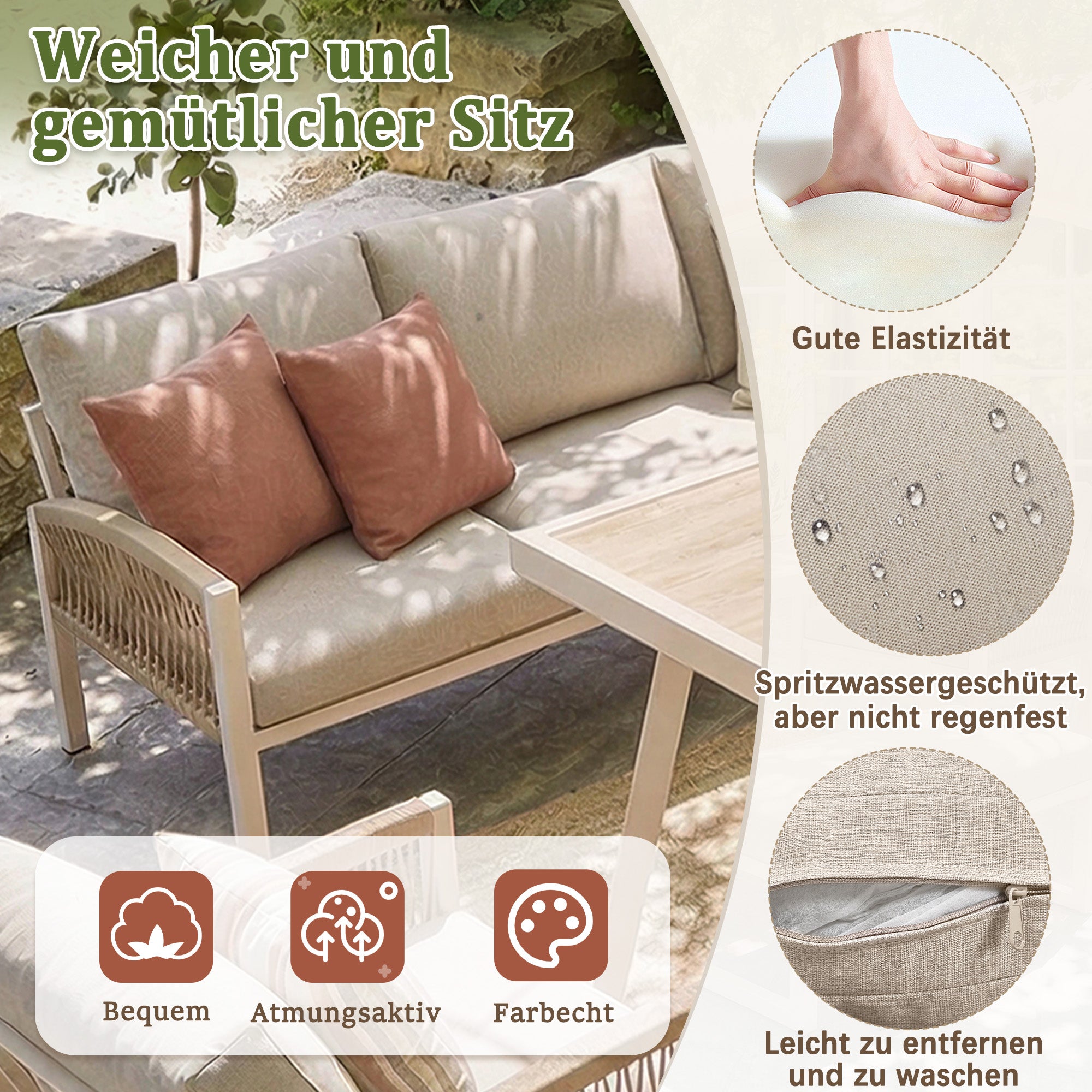 Sofá de jardín 7 plazas,Estructura de hierro resistente con cojines beige, Incluye mesa de cristal aspecto madera y 2 sillones, Conjunto para terraza - 8