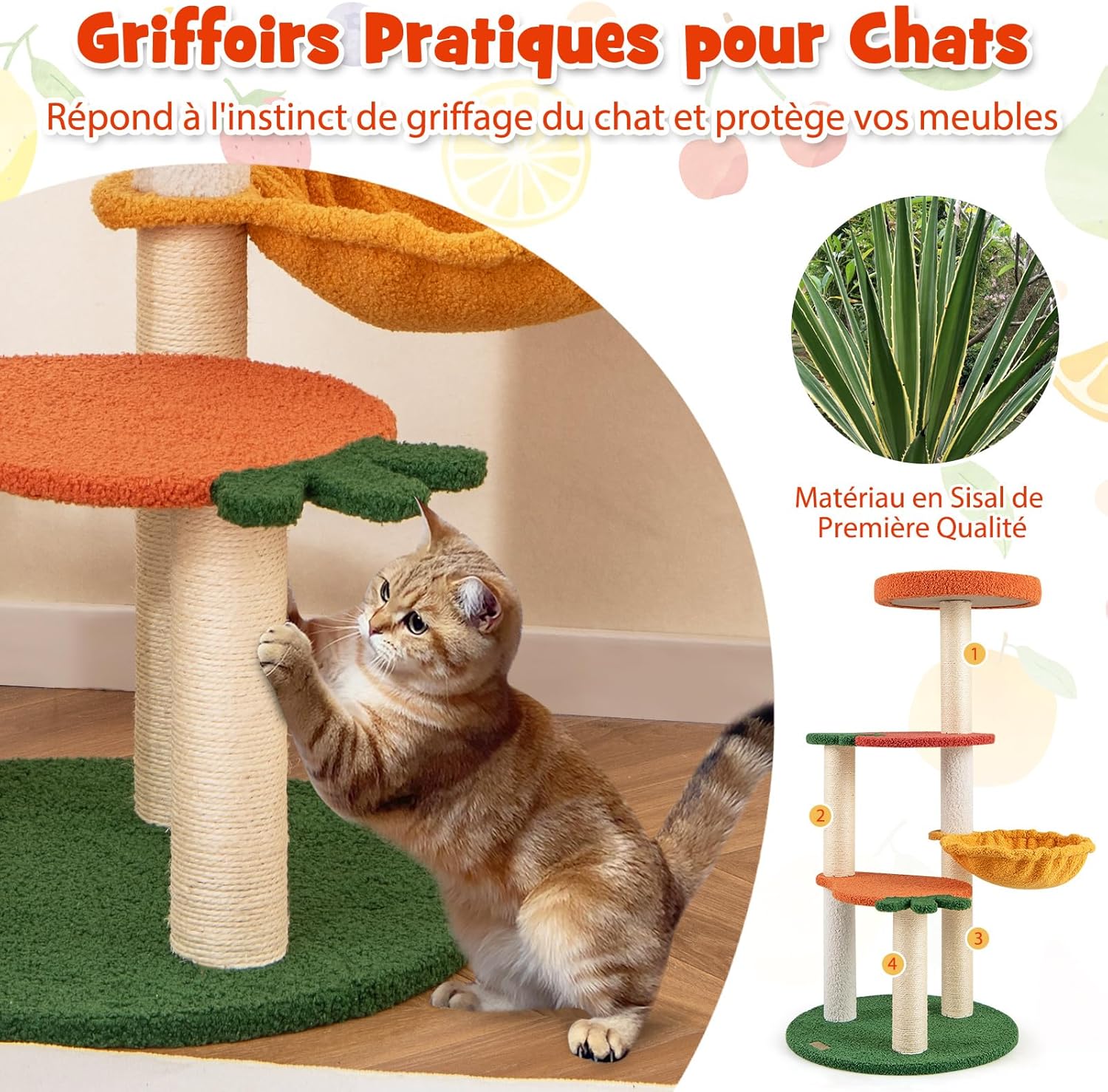 Arbre a Chat Bois 99,5 cm, Arbre a Chat Design à 4 Niveaux, 4 Poteaux à Griffer en Sisal, 4 Plateformes, Polaire Teddy, 48,5 x 48,5 x 99,5 cm - 8