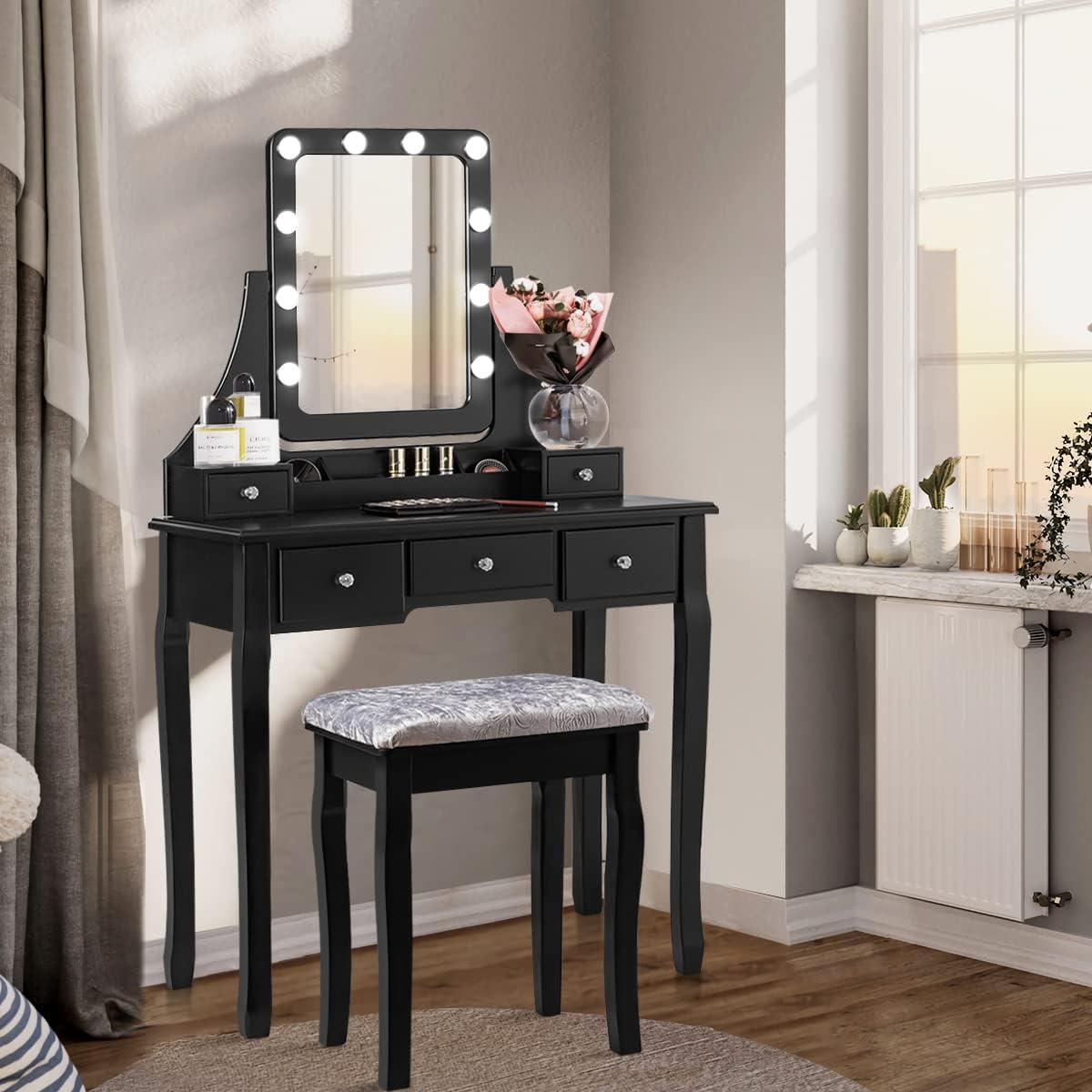 Scrivania Toeletta Con Specchio E Luci LED, 5 Cassetti E Sgabello Portaoggetti - Set Trucco Per Camera Da Letto, Nero
