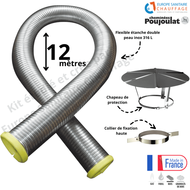Kit tubage flexible double peau inox diamètre 100 + collier de fixation haute + chapeau Poujoulat - Longueur 12 mètres