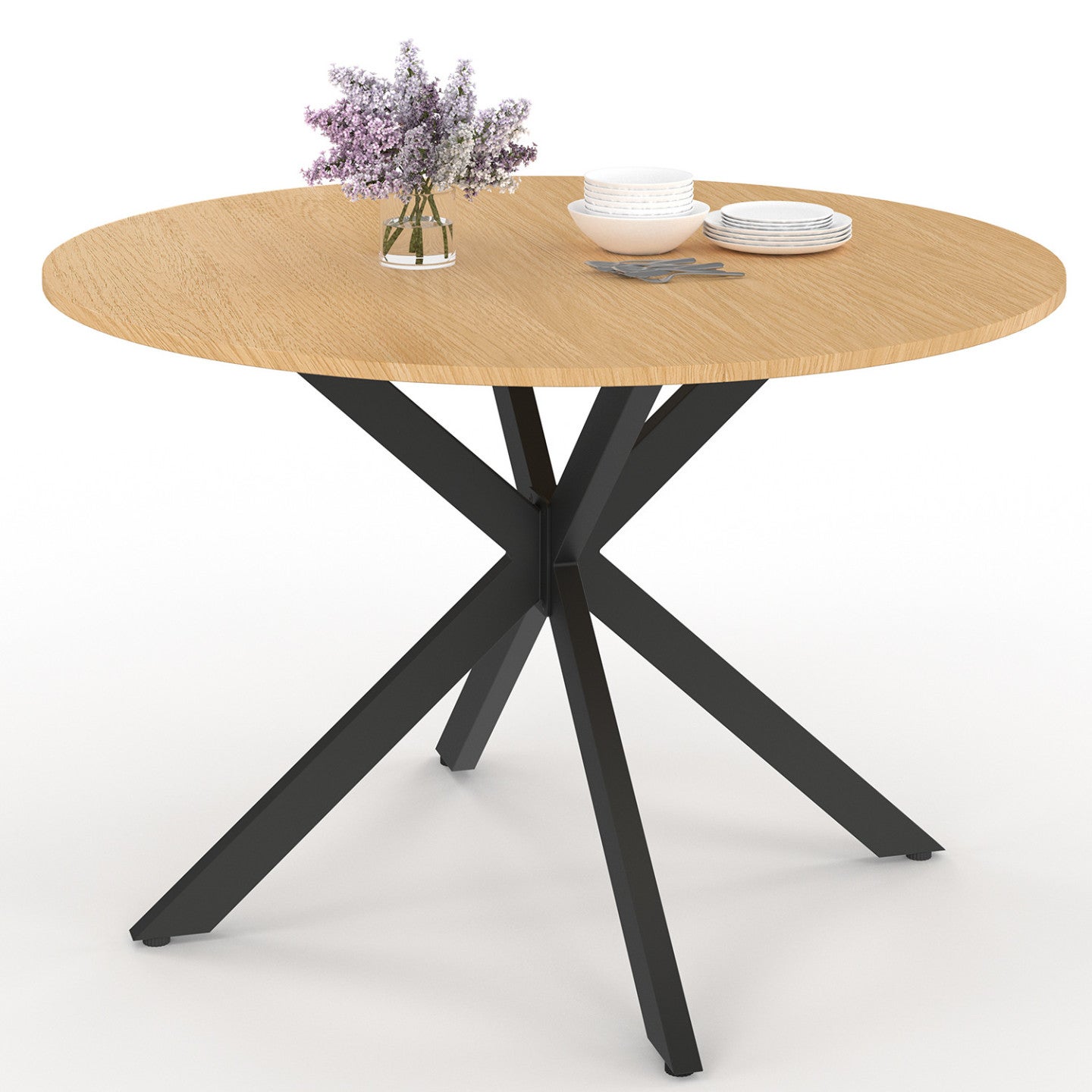 Table de jardin ronde MESSINA 120 cm 6 personnes pied araignée plateau métal effet bois - 2