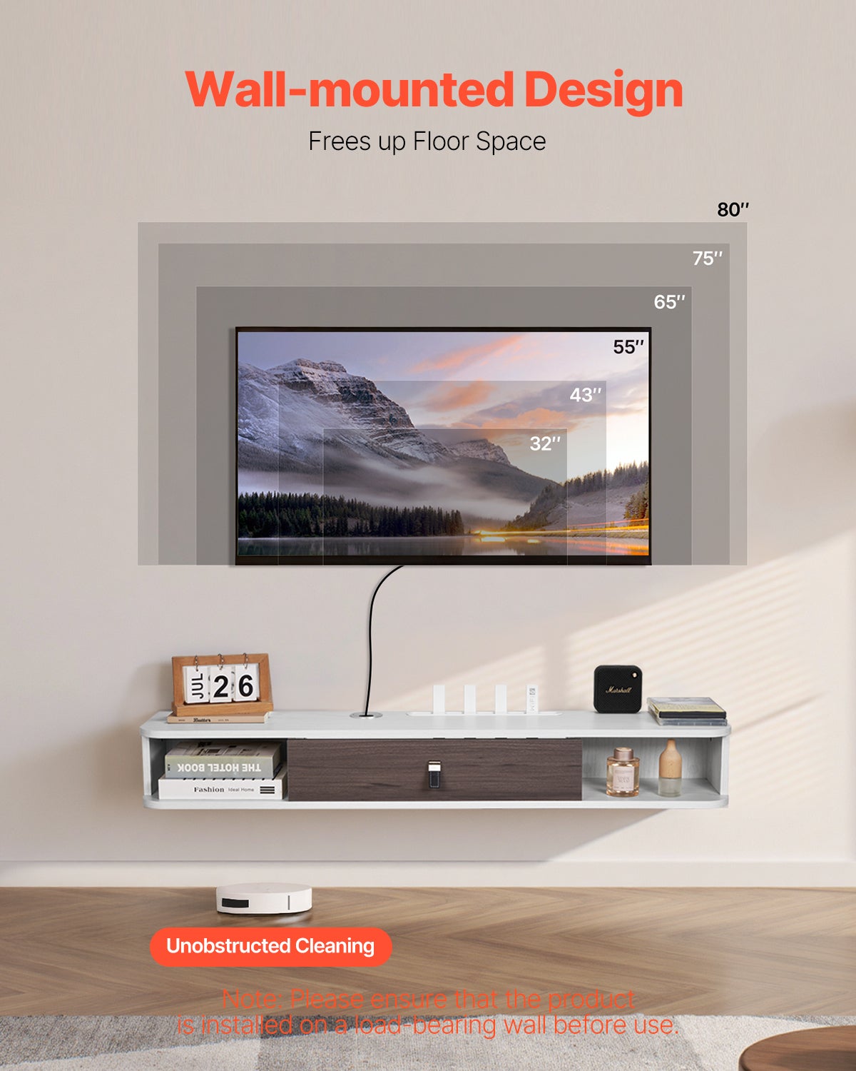 Console TV Flottante Avec Plusieurs Compartiments De Rangement, Grand Meuble TV Mural Pour Salon Et Chambre à Coucher, Gris, 300 X 20 X 24 Cm