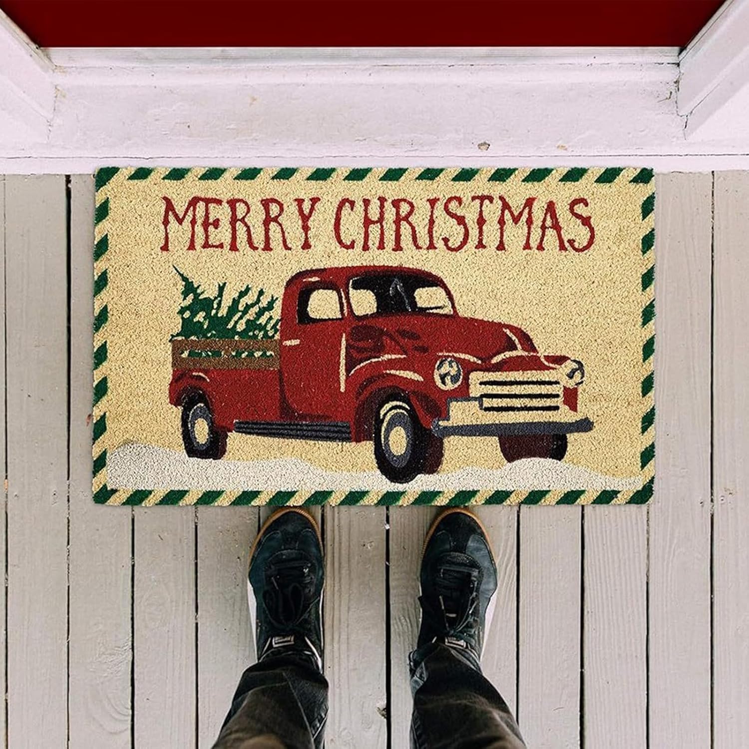 Tapis De Porte De Noël 60x40 Cm - Motif Camion Rouge | Paillasson Antidérapant Pour Entrée, Salon, Cuisine | Décoration De Fêtes