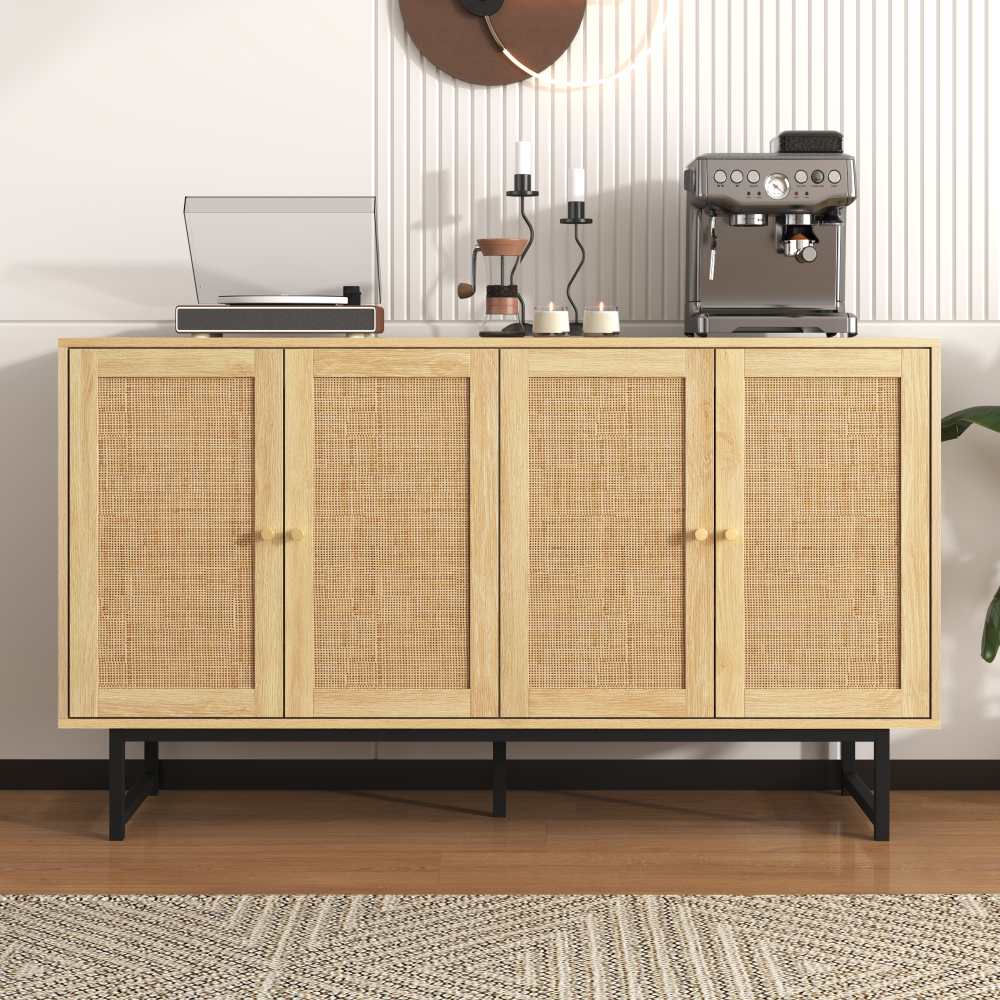 Komoda 140x39,5x80 cm z naturalnego rattanu, 4 drzwi, styl drewniany z matowymi złotymi uchwytami - 8
