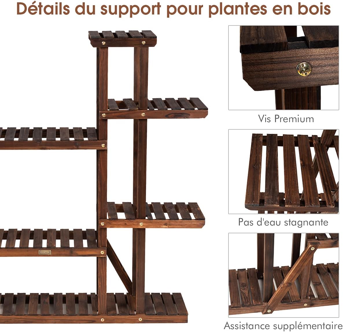 Étagère pour plantes en bois 9 tablettes pour 18 pots 125 x 25 x 114 cm charge 10kg - 4