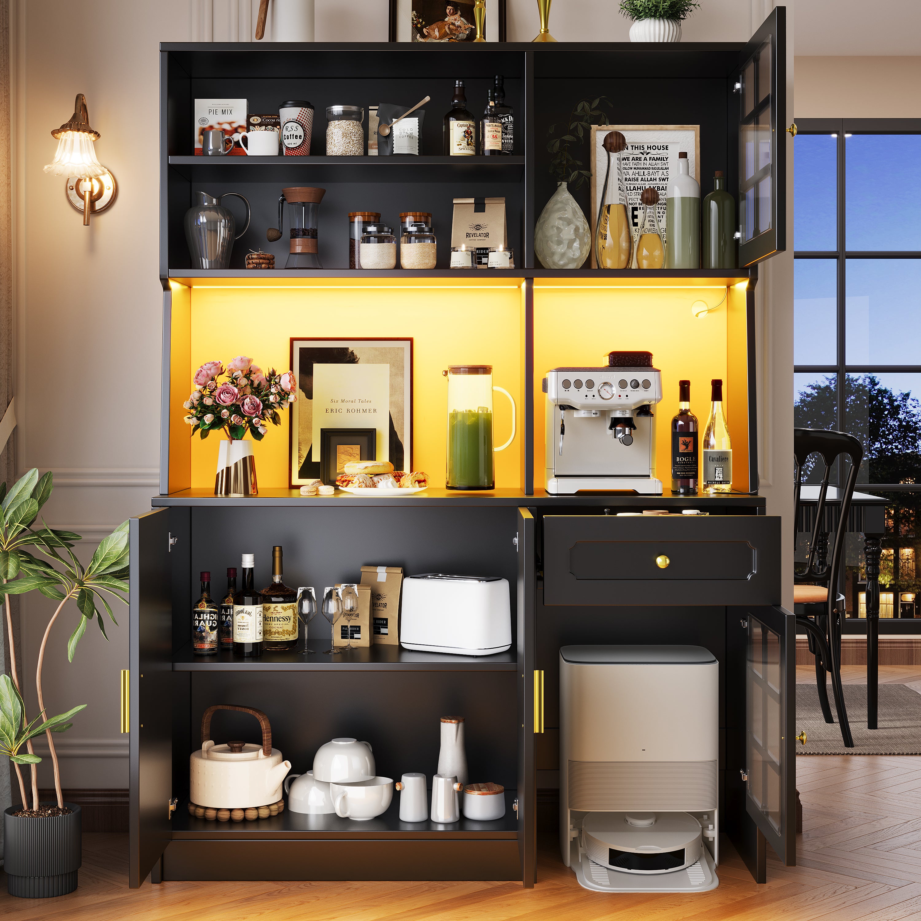 Buffet de cuisine avec 4 portes et 1 tiroir, vitrine - 130 x 45 x 180 cm - LEDs - MDF et verre - Noir - 3