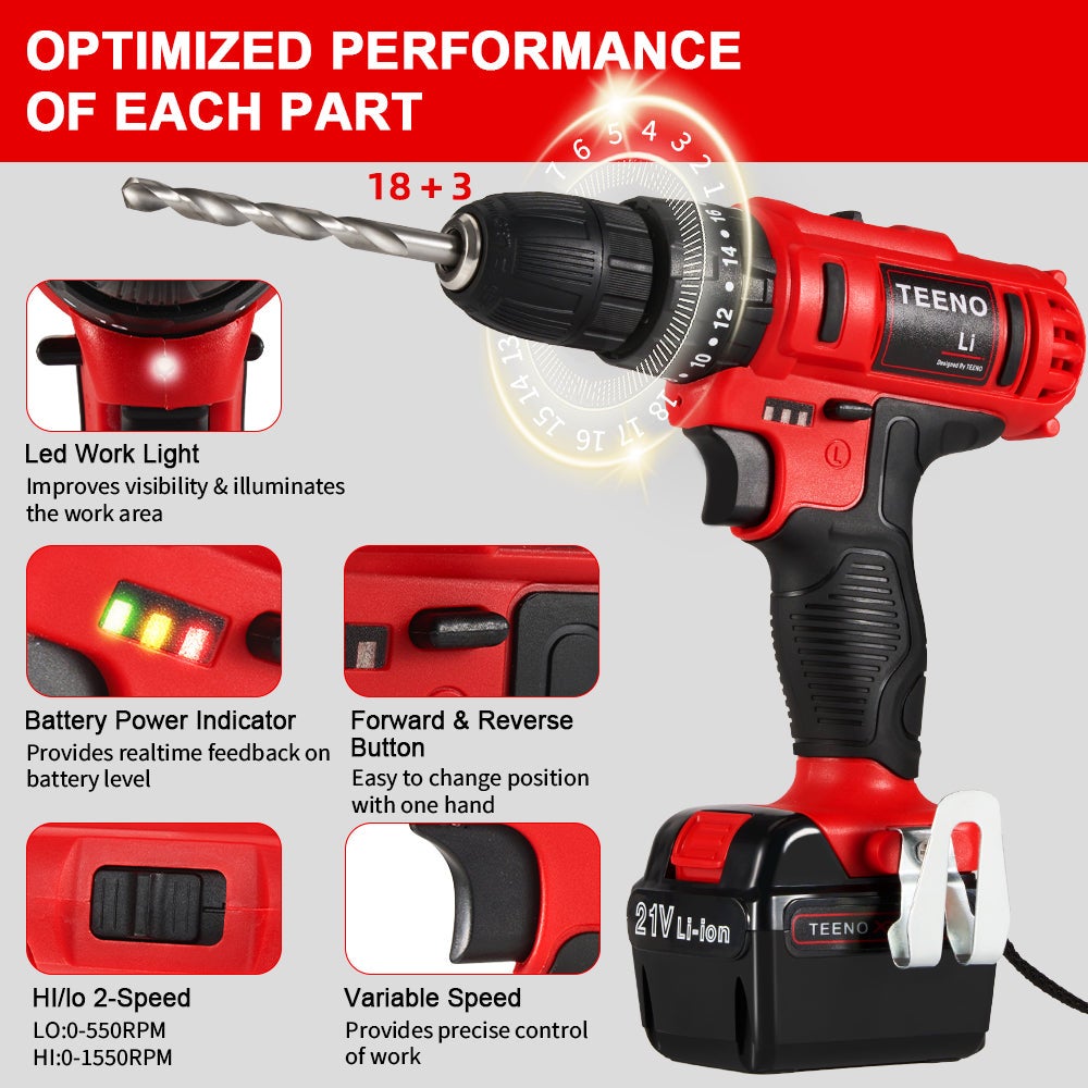 TEENO Perceuse visseuse a percussion sans fil PSR 21V, 2 Vitesses, 2 batteries lithium avec 20 accessoires - 5