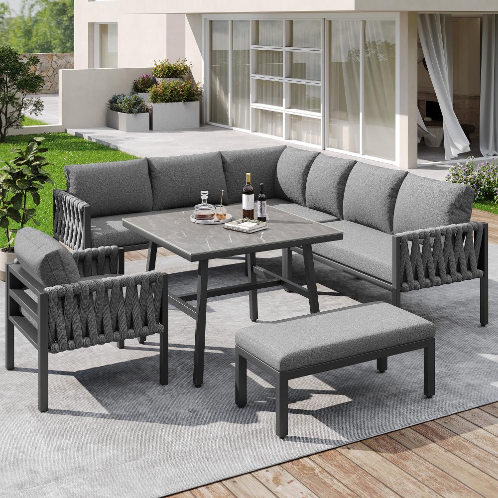 Conjunto de muebles de jardín moderno con estructura de hierro galvanizado, patas ajustables, sofá esquinero, mesa con vidrio templado - 3