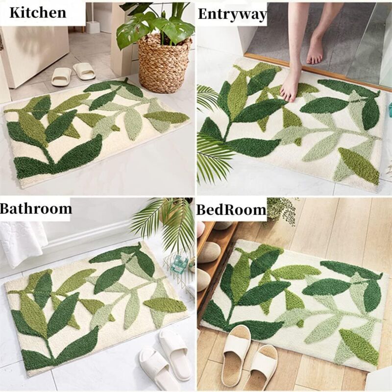 Tapis antidérapant de salle de bain, tapis de salle de bain absorbant l'eau, antidérapant, doux pour la peau, motif de feuilles vertes 40x60 cm - 4