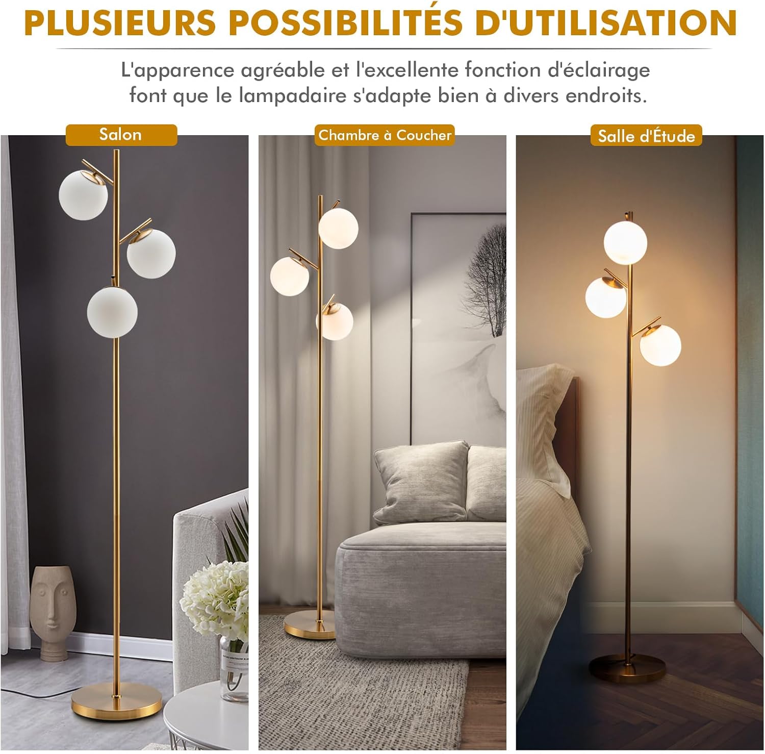 Lampada da Terra a 3 Globi, Lampada a Stelo Moderna con Comodo Interruttore a Pedale, 3 Basi per Lampadine e Robusto Palo in Metallo, Ideale p - 6