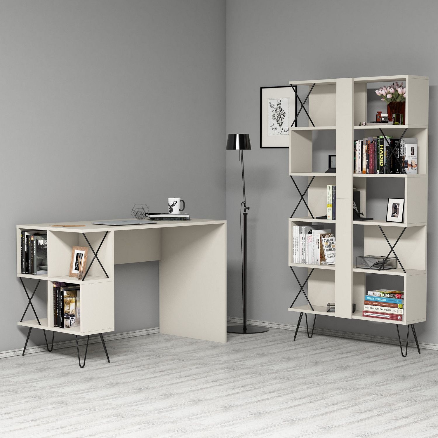 Set moderno di scrivania e libreria per studio/ufficio, crema e