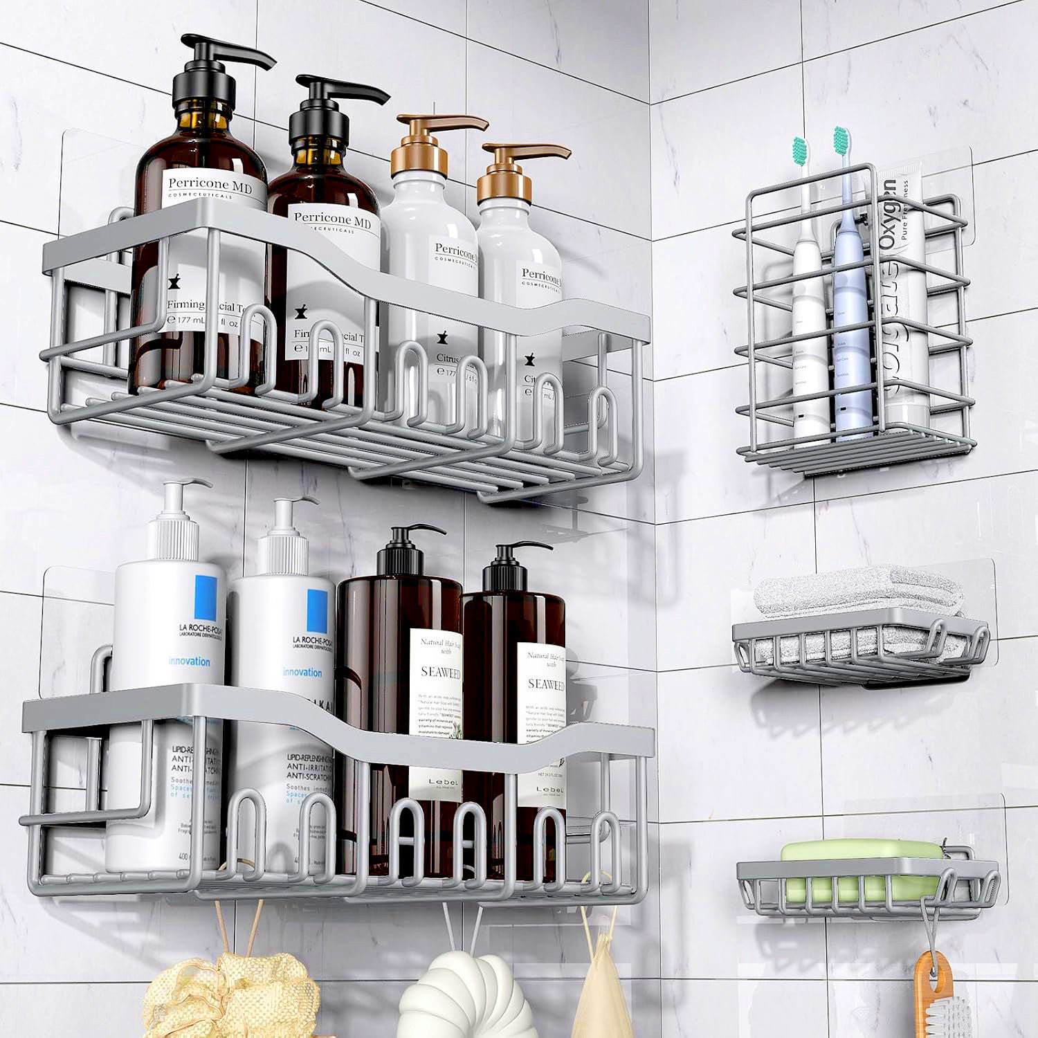 Étagère De Douche Autocollante En Inox | 22 X 7,5 X 9 Cm | Support Jusqu'à 20 Kg | Avec Crochets Et Porte-rasoir