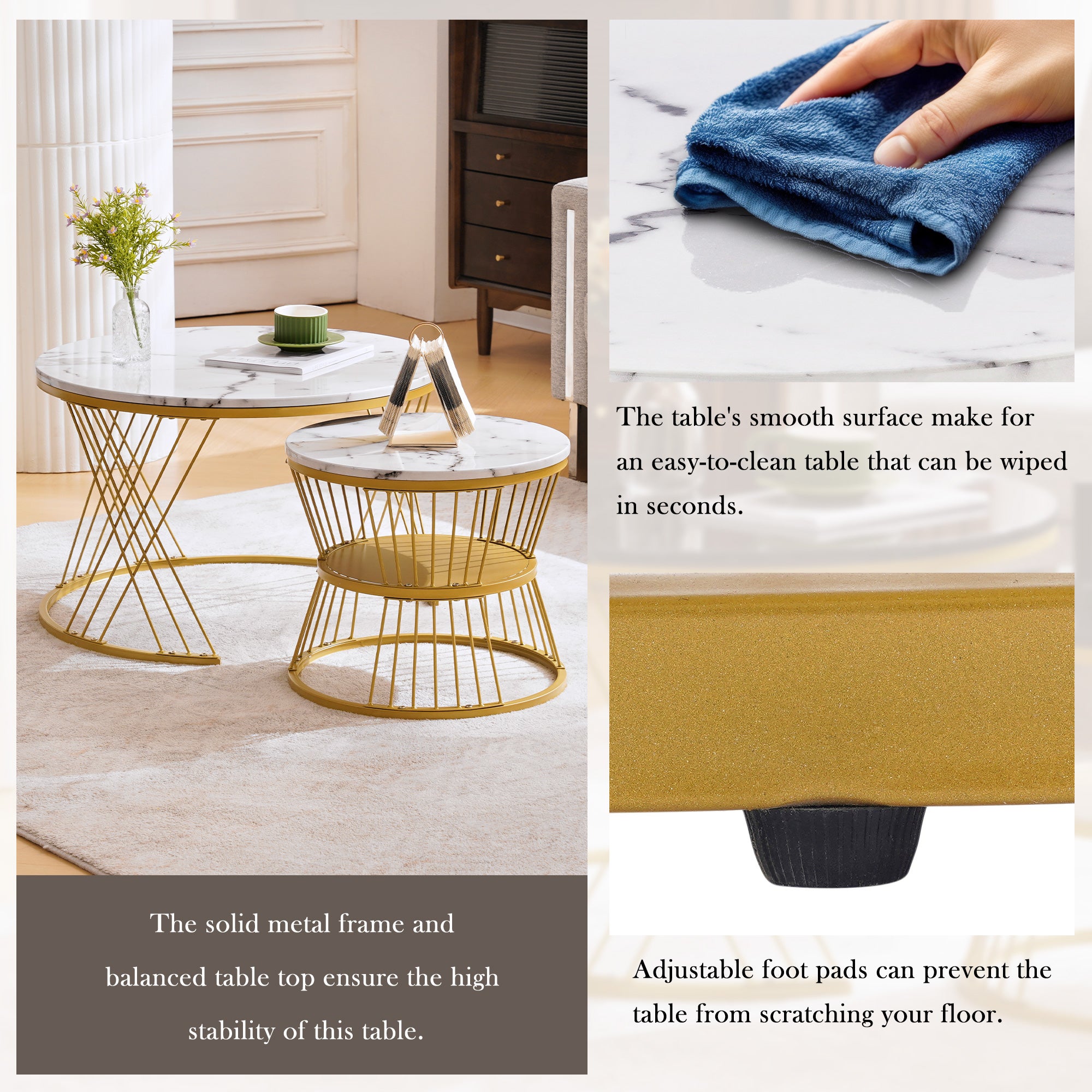 Zestaw 2 składanych stolików kawowych z półką - MDF, drewno i metal - blaty z wzorem marmuru - biały - 4