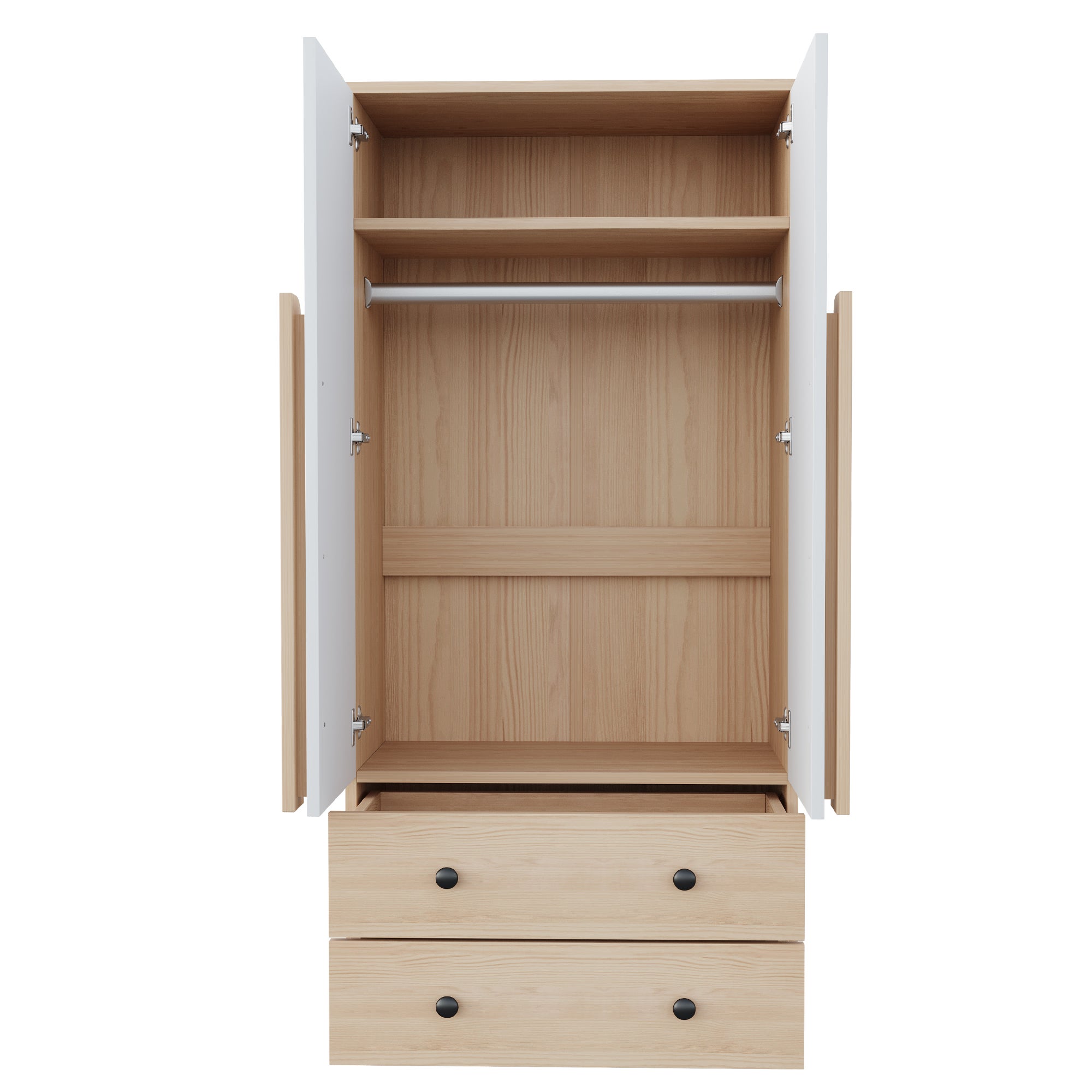 Armoire 2 portes 70 x 40 x 170 cm avec 2 tiroirs et grand rangement, bois naturel et blanc - 6