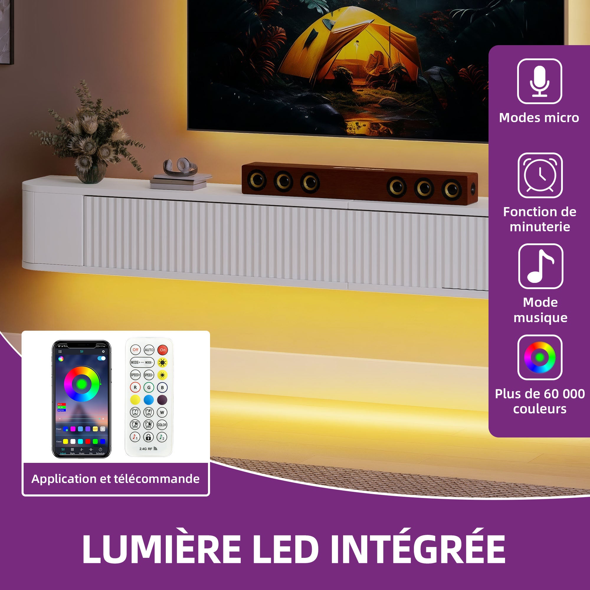 YITAHOME Meuble TV flottant 140 cm, étagères murales pour TV avec éclairage LED RGB, 180L × 25P × 20H cm, blanc haute brillance - 5