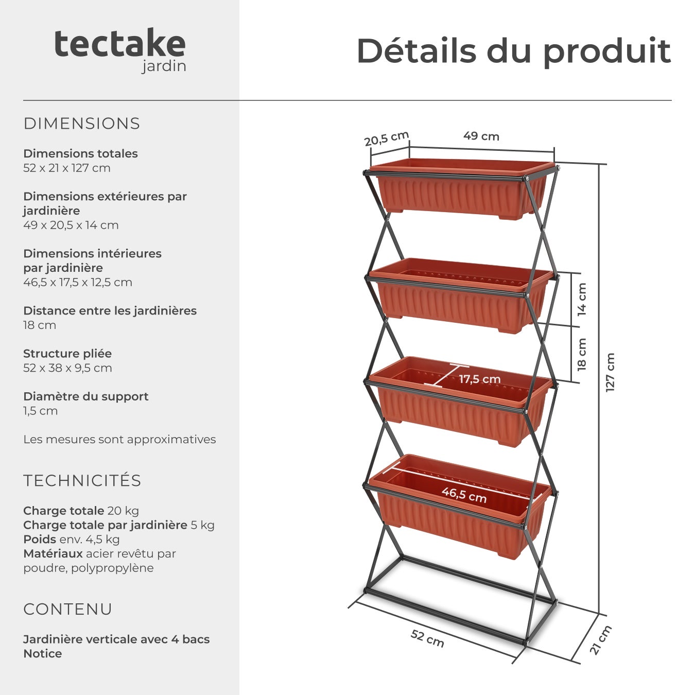 Jardinière verticale avec 4 bacs à fleurs 52 x 21 x 127 cm avec 4 grands bacs à fleurs TECTAKE - 6