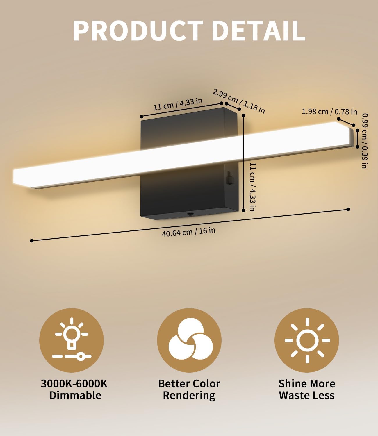 Applique murale pour miroir de salle de bain, 40 cm, température de couleur réglable 3000-6000K, éclairage LED pour miroir, abat-jour en acrylique - 2