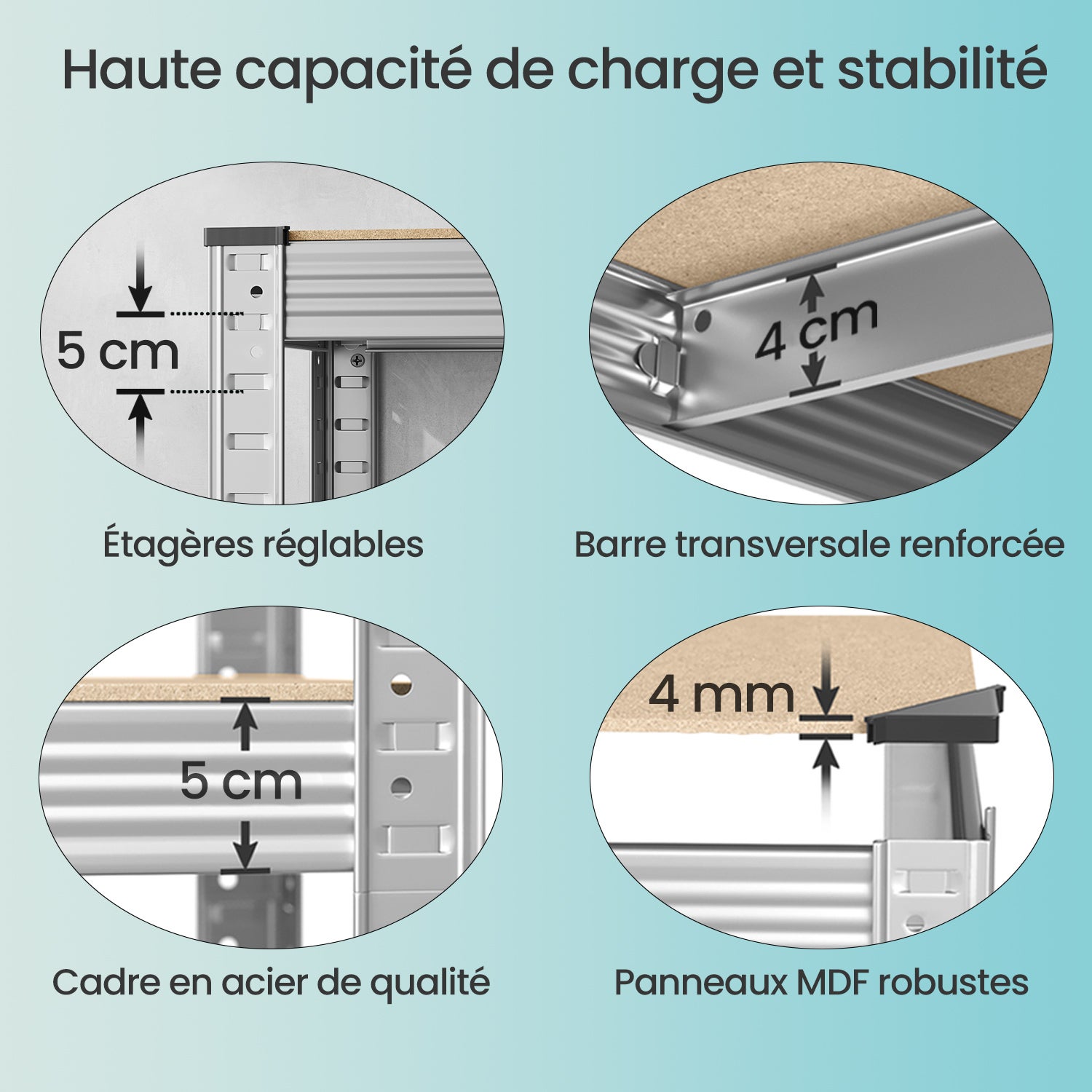 Étagère de Rangement à 5 Niveaux, Lot de 2, en Métal, Montage sans Vis, Réglable, Charge 875 kg, 40 x 90 x 180 cm, Argent - 6