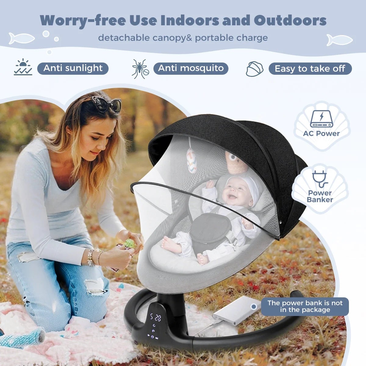 Cadeira de baloiço elétrica para bebé com música Bluetooth, 5 velocidades de baloiço, almofada removível, mosquiteiro e comando - Preto - 8