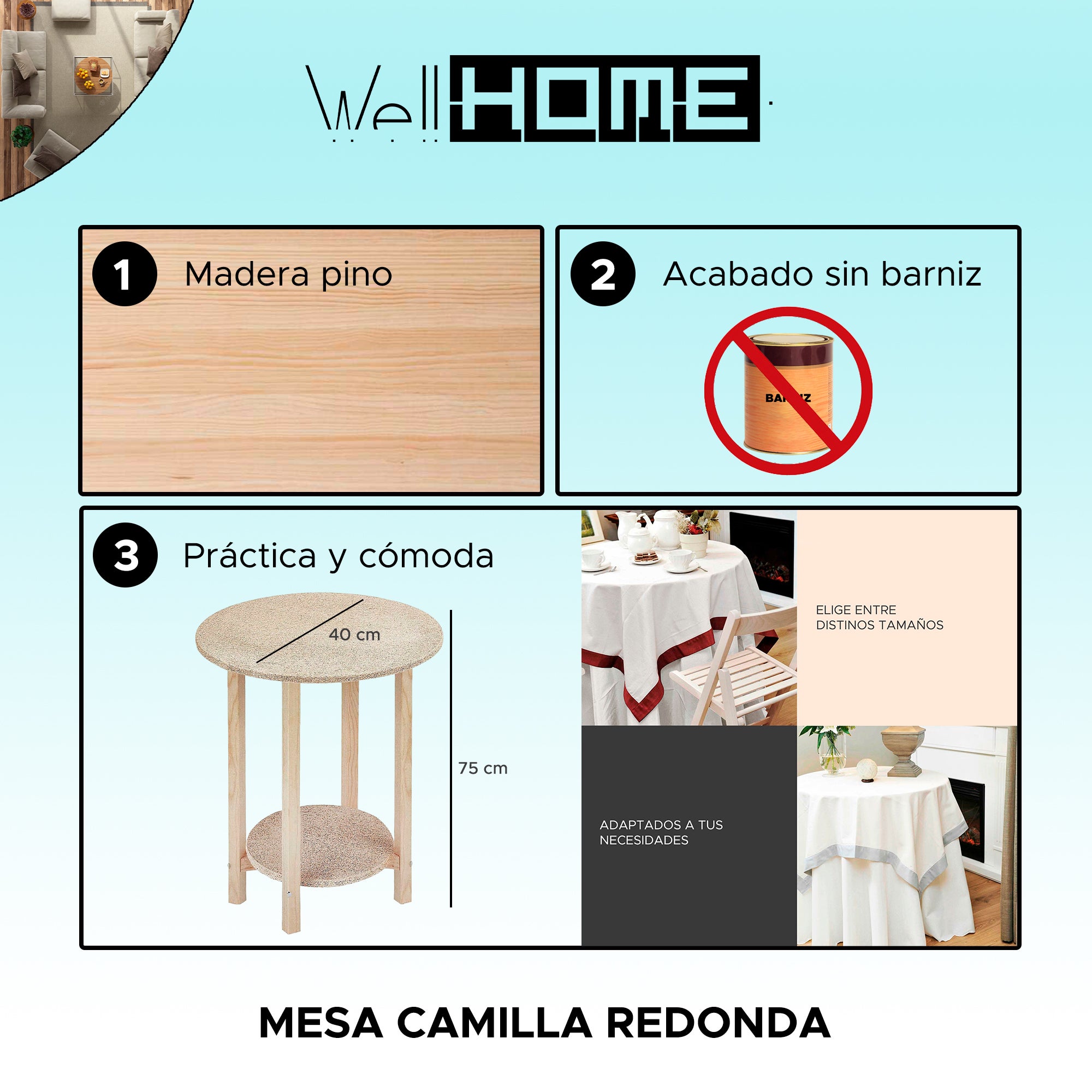 WELLHOME Mesa maca redonda de gás, acabamento SEM verniz, 40x40x75 cm - 2