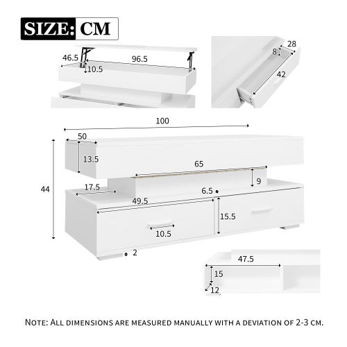 Table basse relevable LED 100x50x44 cm , Bluetooth, 2 Tiroirs et Rangement - pour Salon - Blanc - 2