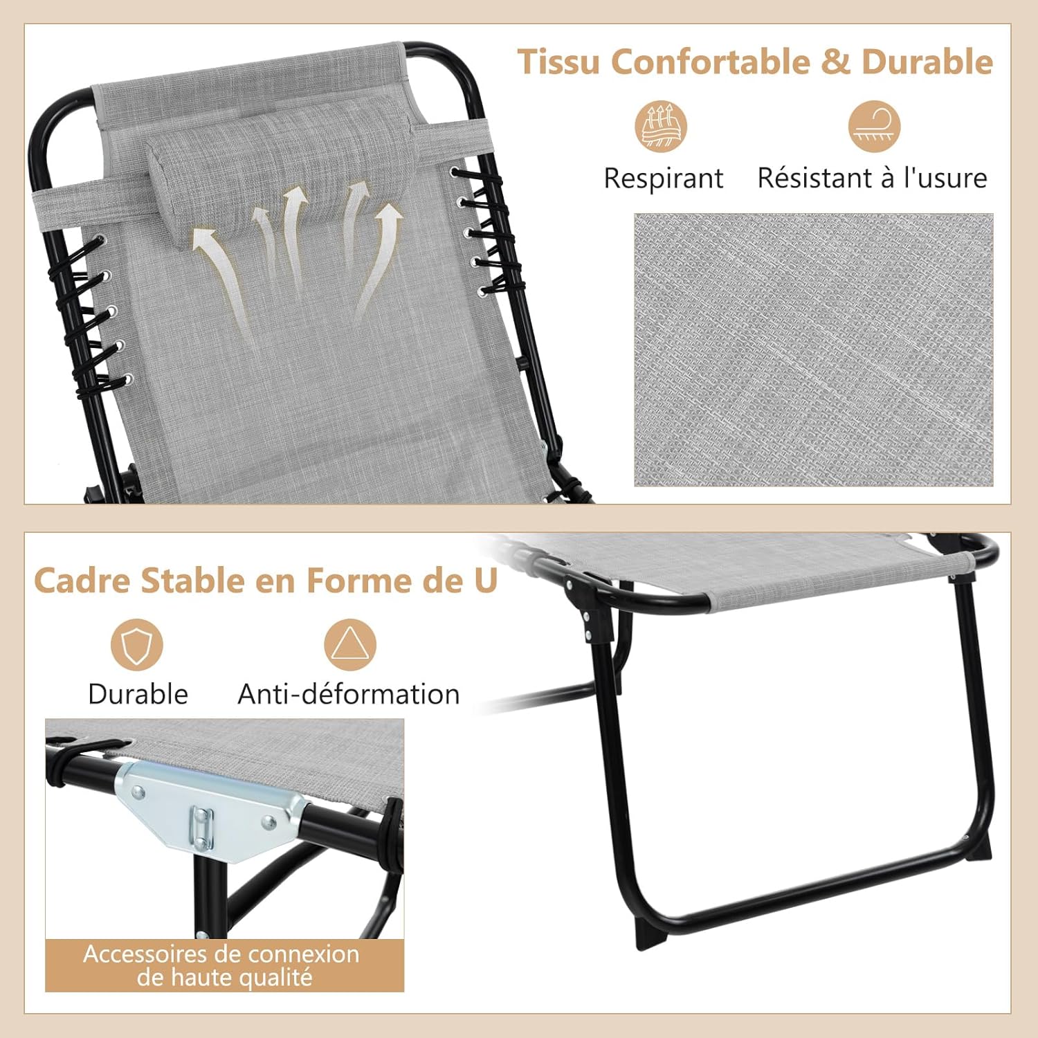 Leżak do opalania z zagłówkiem i kieszenią boczną, składany leżak ogrodowy z regulowanym oparciem, leżak plażowy, obciążenie do 150 kg, (kolor szary) - 5