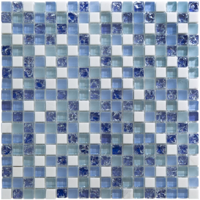 Mosaico su rete misto vetro blu e pietra in quarzo bianco per bagno, piscina e cucina. Spessore 8 mm. 30x30x0,8 cm