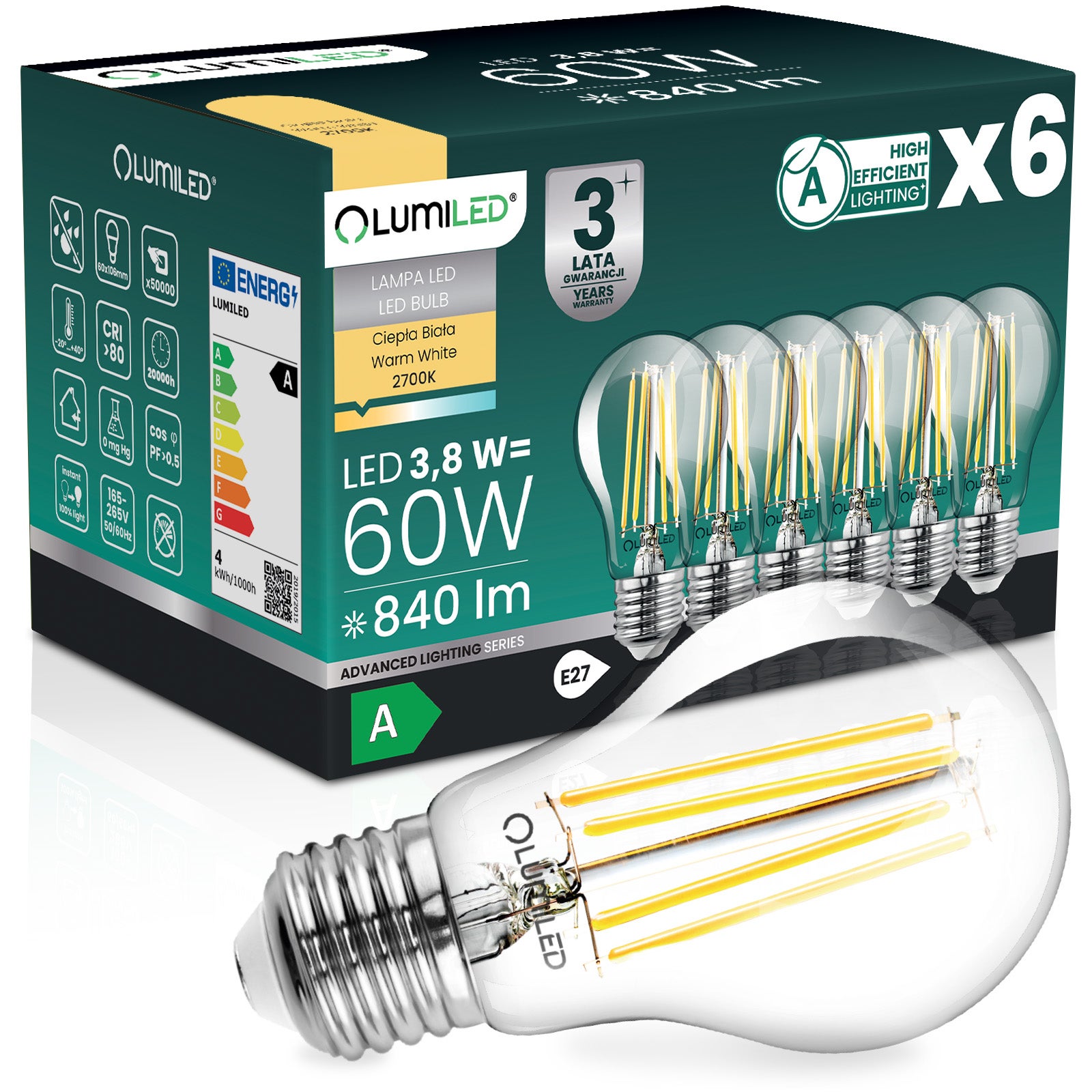 Żarówka LED Lumiled E27 A60 3.8W 840lm 2700K Ciepła biel 360st Filament Klasa A 6 szt.