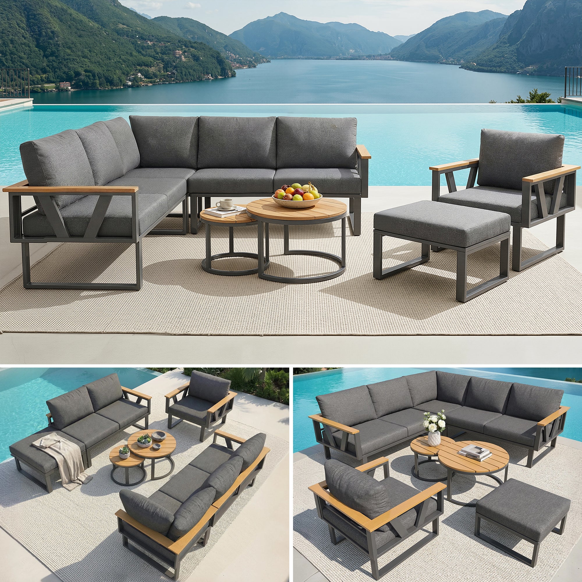 Salon de jardin - 6-7 places - en fer galvanisé - canapé d'angle - avec table basse gigogne - en bois plastique - fauteuil - repose-pieds, Gris - 5