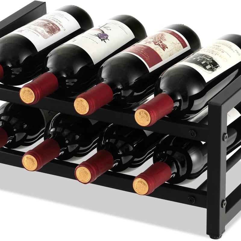 Dwupoziomowy Stojak na 8 Butelek, Metalowa Półka na Wino z Regulowanymi Nóżkami, Czarna