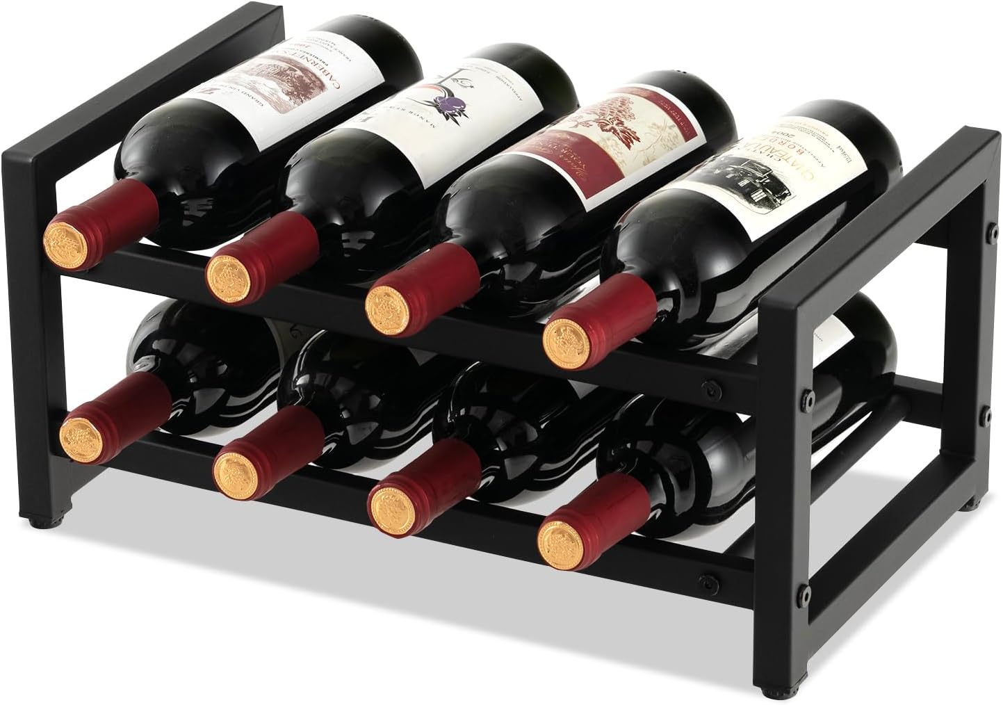 Dwupoziomowy Stojak na 8 Butelek, Metalowa Półka na Wino z Regulowanymi Nóżkami, Czarna