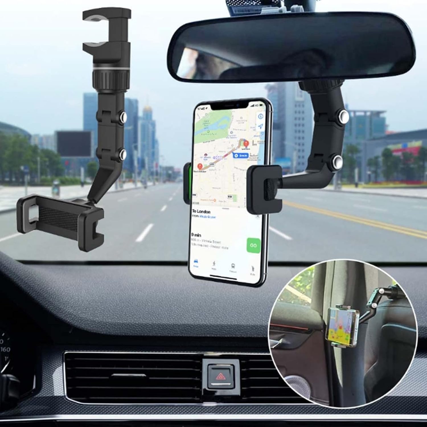 Suporte para celular no espelho retrovisor do carro, suporte para GPS veicular, suporte para celular ajustável em vários ângulos. - 7