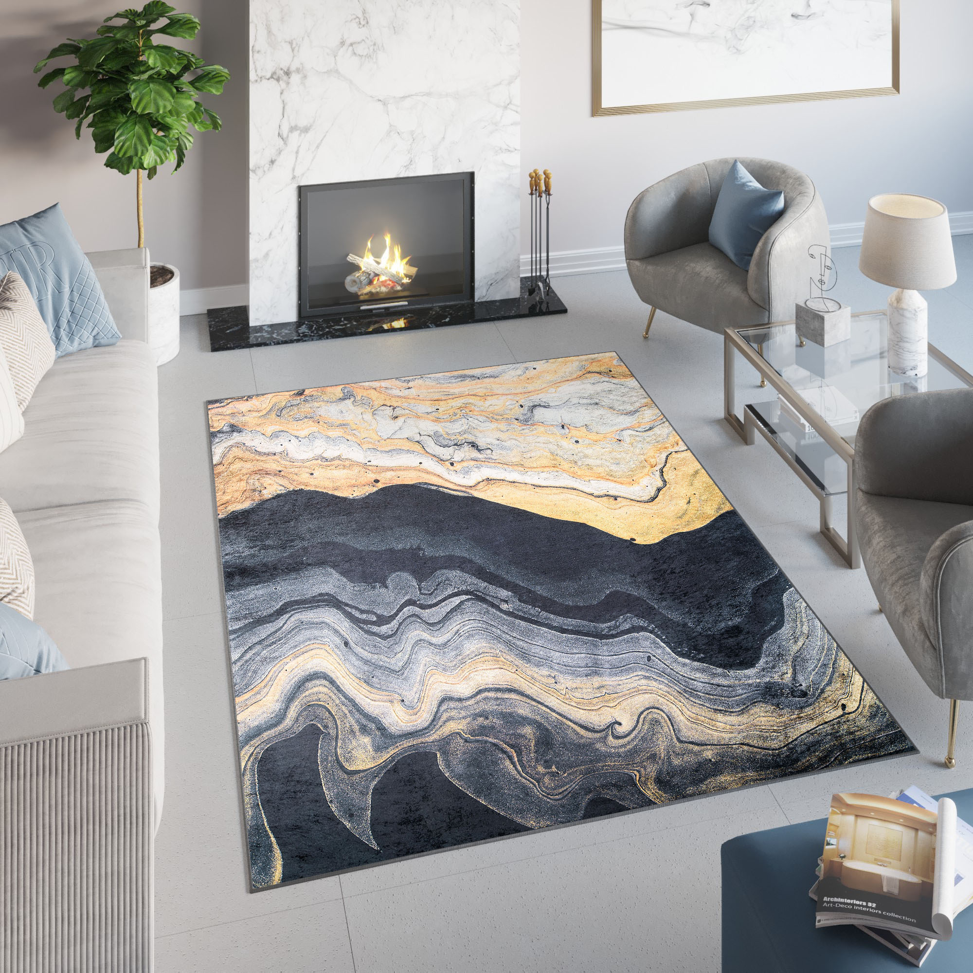 Tapiso toscana alfombra antideslizante de salón moderno abstracto negro antracita dorado impreso sin pelo 120 x 170 cm