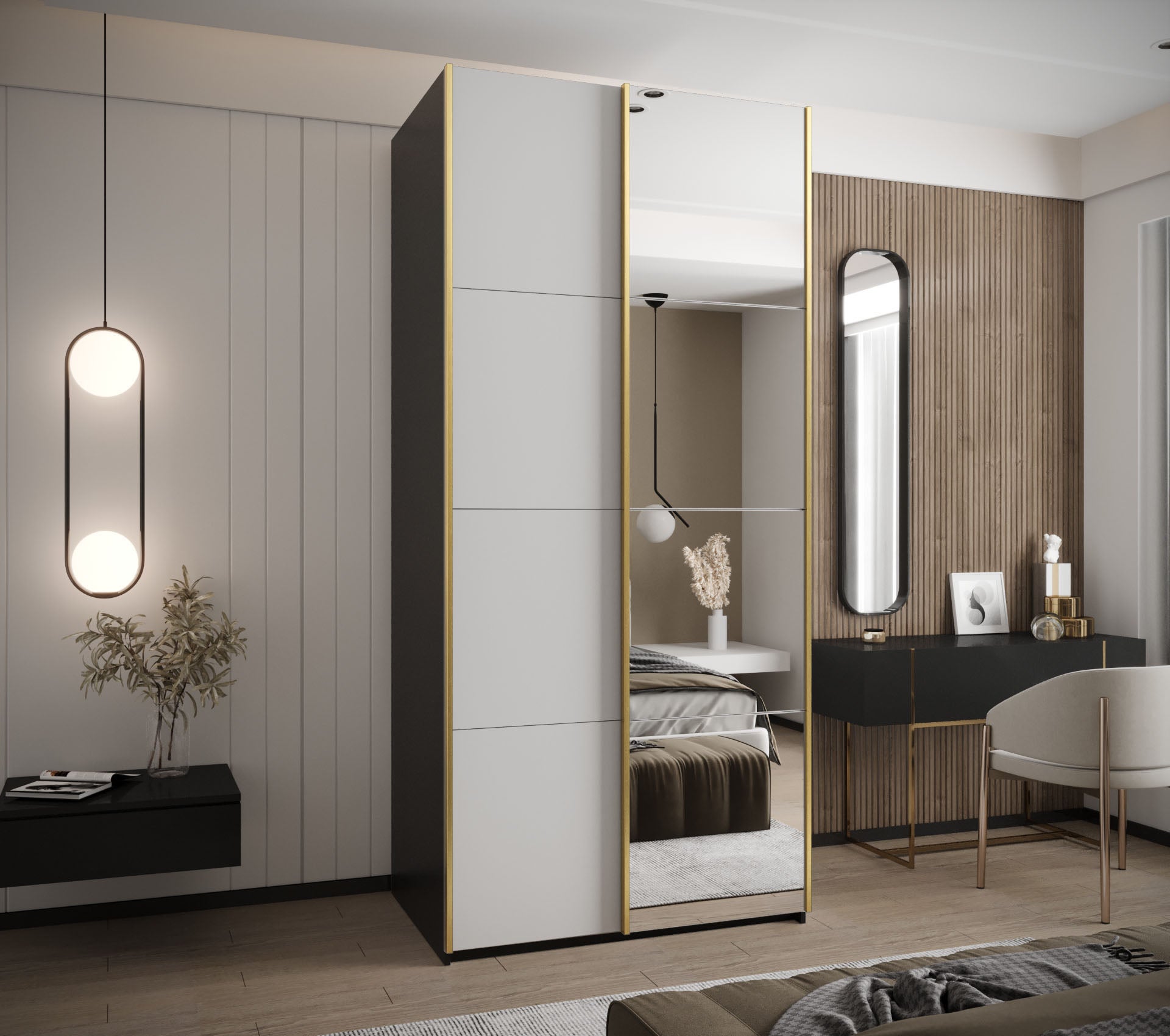 Szafa przesuwna wysoka Lux 3 110 x 64 x 245,5 cm czarny + biały + u. złoty - Abiks Meble - 2