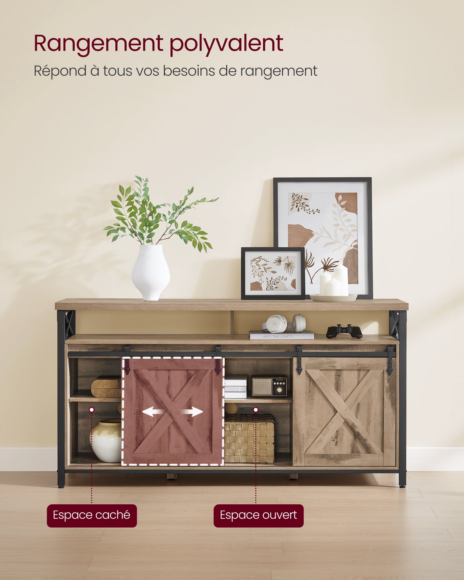 Meuble TV, avec Étagères Réglables, Portes Imitation Grange, Style Rustique, Cadre en Métal, Marron Camel et Noir Simple - 3