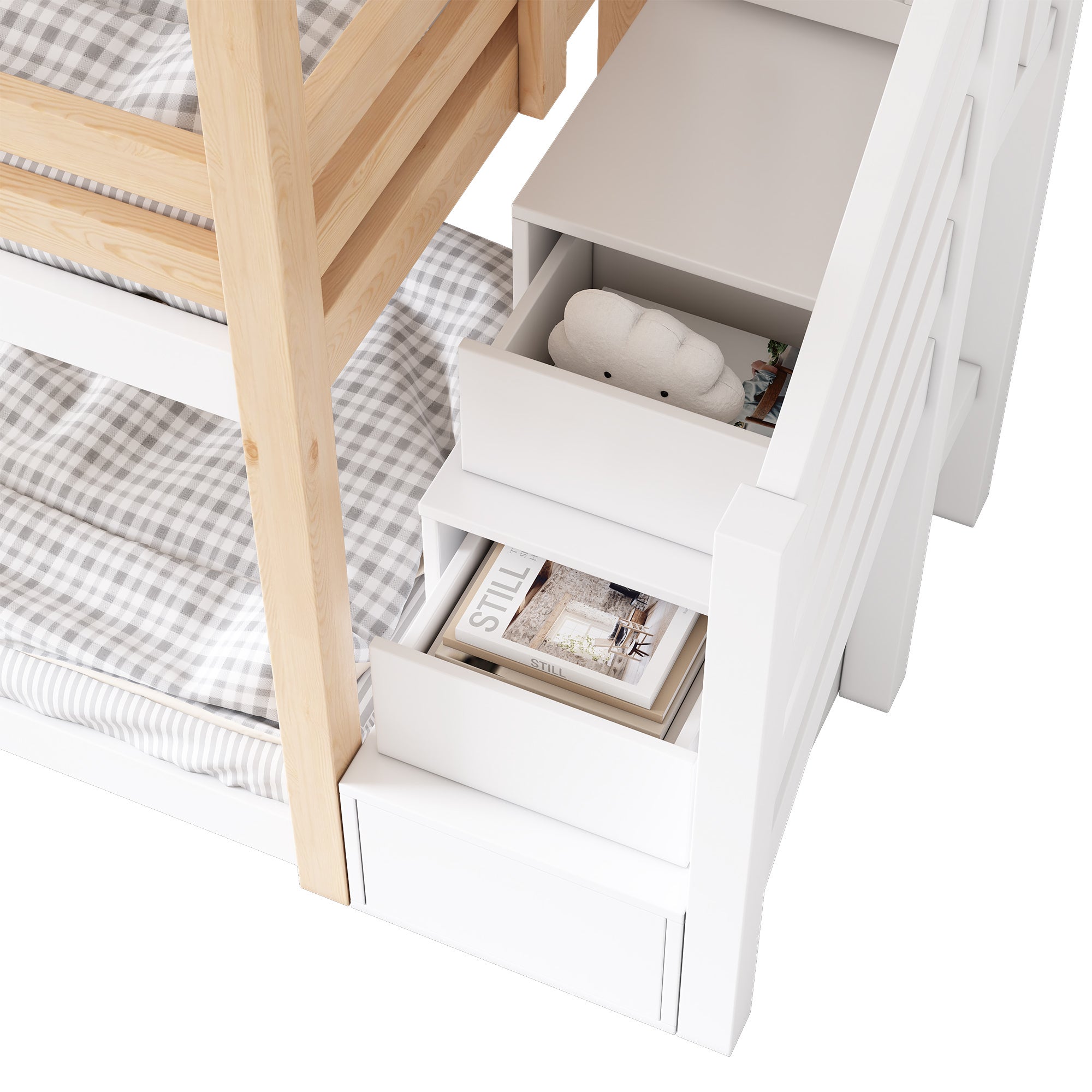 Lit superposé enfant 90x200 cm design maison dans les arbres - EN 747- lit mezzanine en bois en rangements escalier et barrières sécurité, naturel - 9