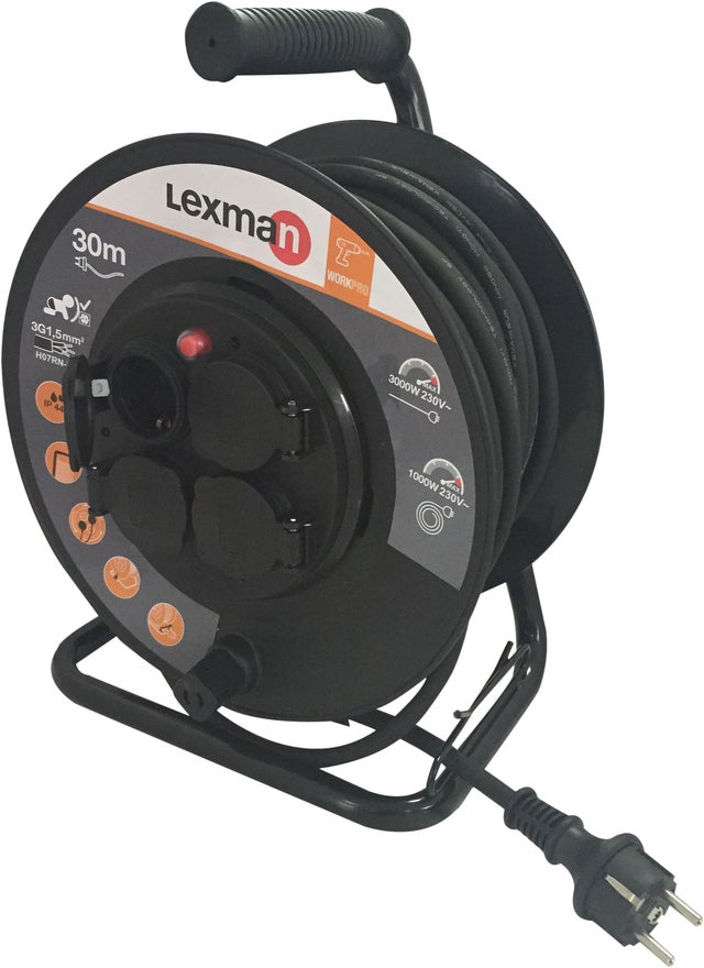 LEXMAN - Enrouleur à 4 prises - IP44 - 30 m - HO7RN-F (3G 1.5 mm²) - 3000W Max - Multiprise à rallonge - Noir - Plastique