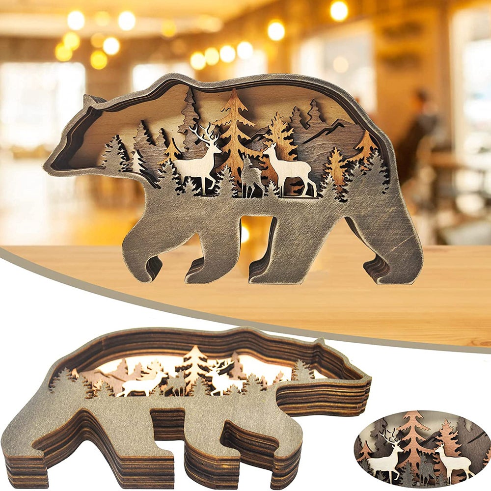 2pcs Ornements 3D en bois de Noël, figurines créatives d'animaux, ours et orignal, décoration artisanale pour salon et bureau, idée cadeau festive - 4