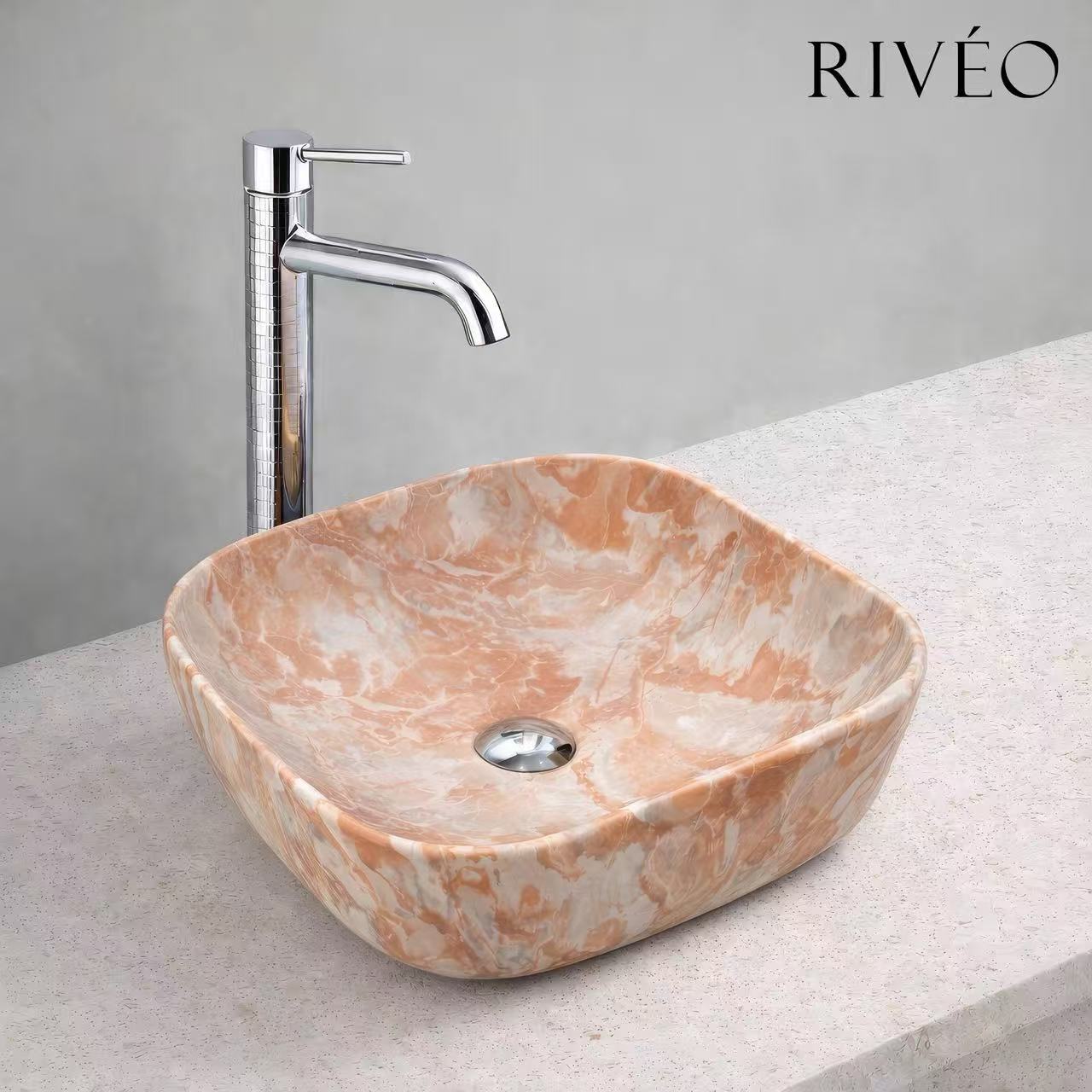 Lavabo sobre encimera cuadrado redondeado 42,5 x 42,5 cm efecto mármol rosa en cerámica con desagüe clic-clac cromado incluido