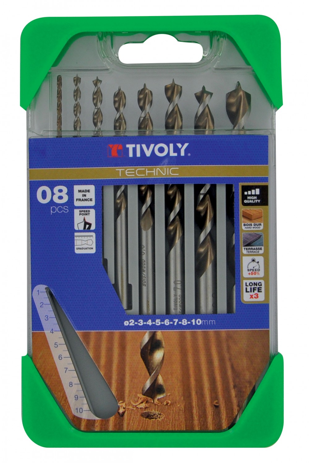 Caja de 8 brocas para madera técnica, Diam.234567810 mm Tivoly