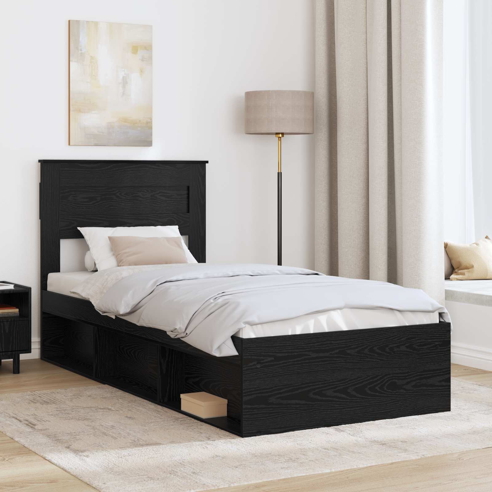 Cadre de lit chêne noir en panneau de bois pour la chambre, 75 × 190 cm - 3