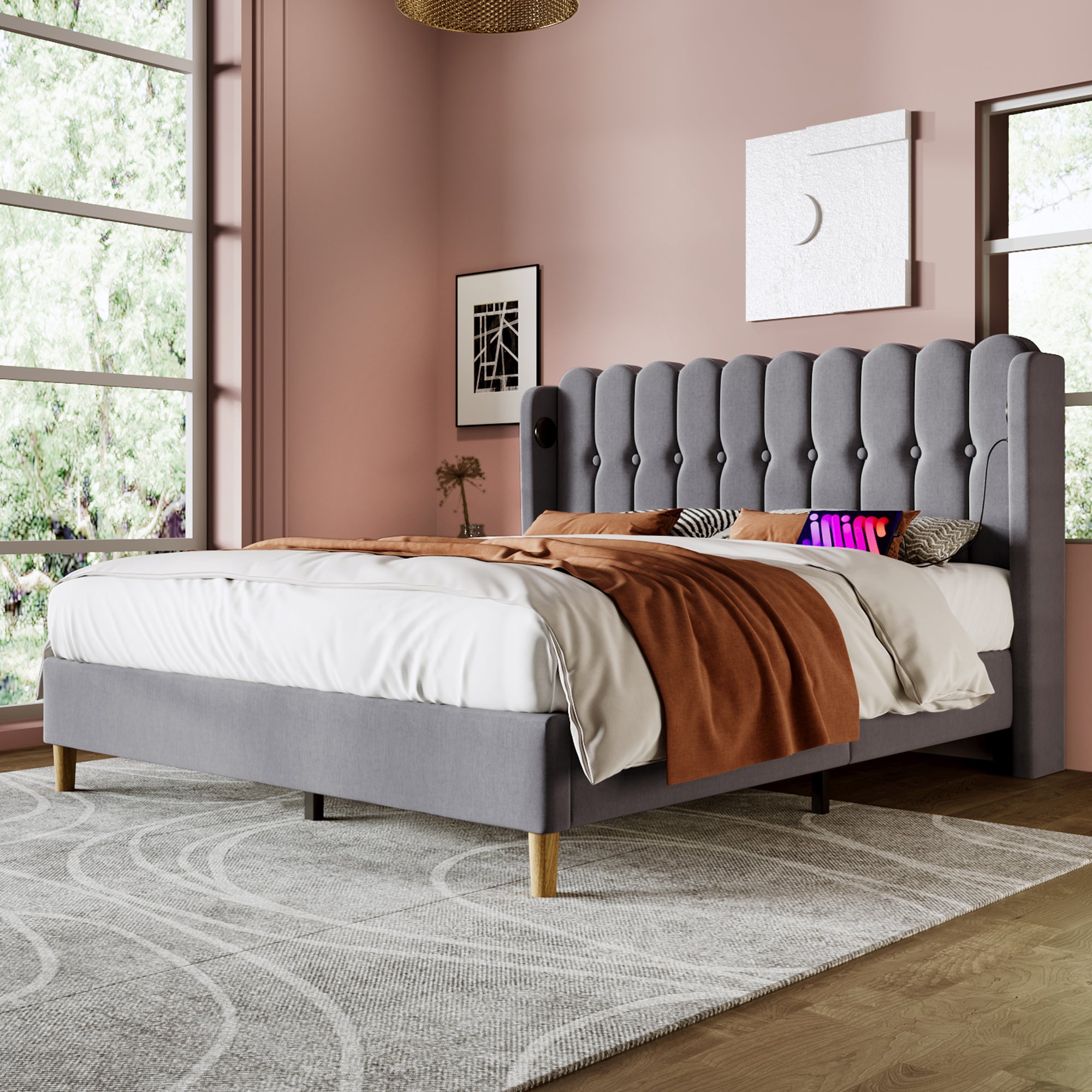 Lit double 160x200 cm tête de lit rembourrée avec chargement USB Type-C sommier en lin gris (sans matelas) - 9
