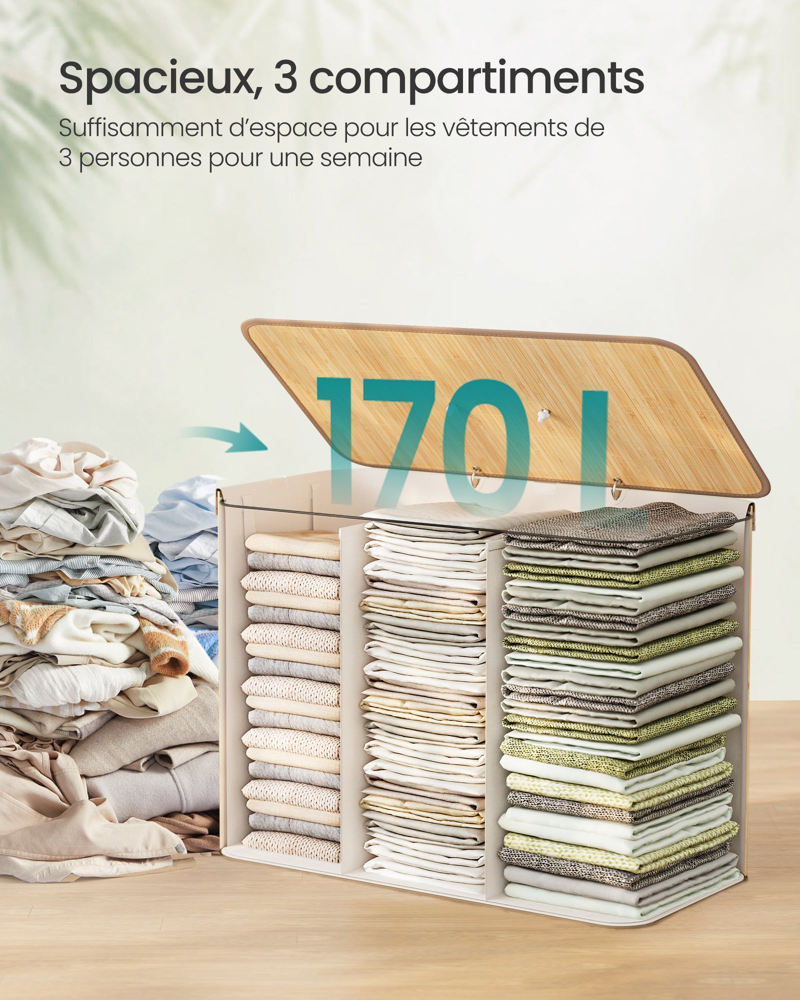 Panier à Linge avec Couvercle, 3 Compartiments, 170 Litres, en Bambou, Sac Amovible et Lavable en Machine, pour Buanderie, Naturel - 4