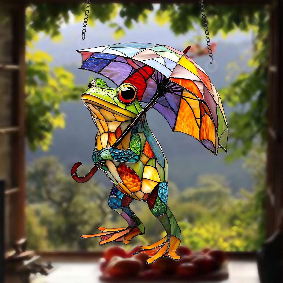 Lot de 2 grenouilles colorées avec parapluie, attrape-soleil – Vitrail – Décoration de fenêtre – Statue de jardin grenouille - 3