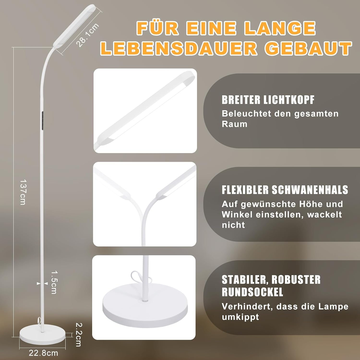 ZMH Lampada da terra a LED per soggiorno, lampada da terra bianca variabile, 11W, divano flessibile a 360° - 5