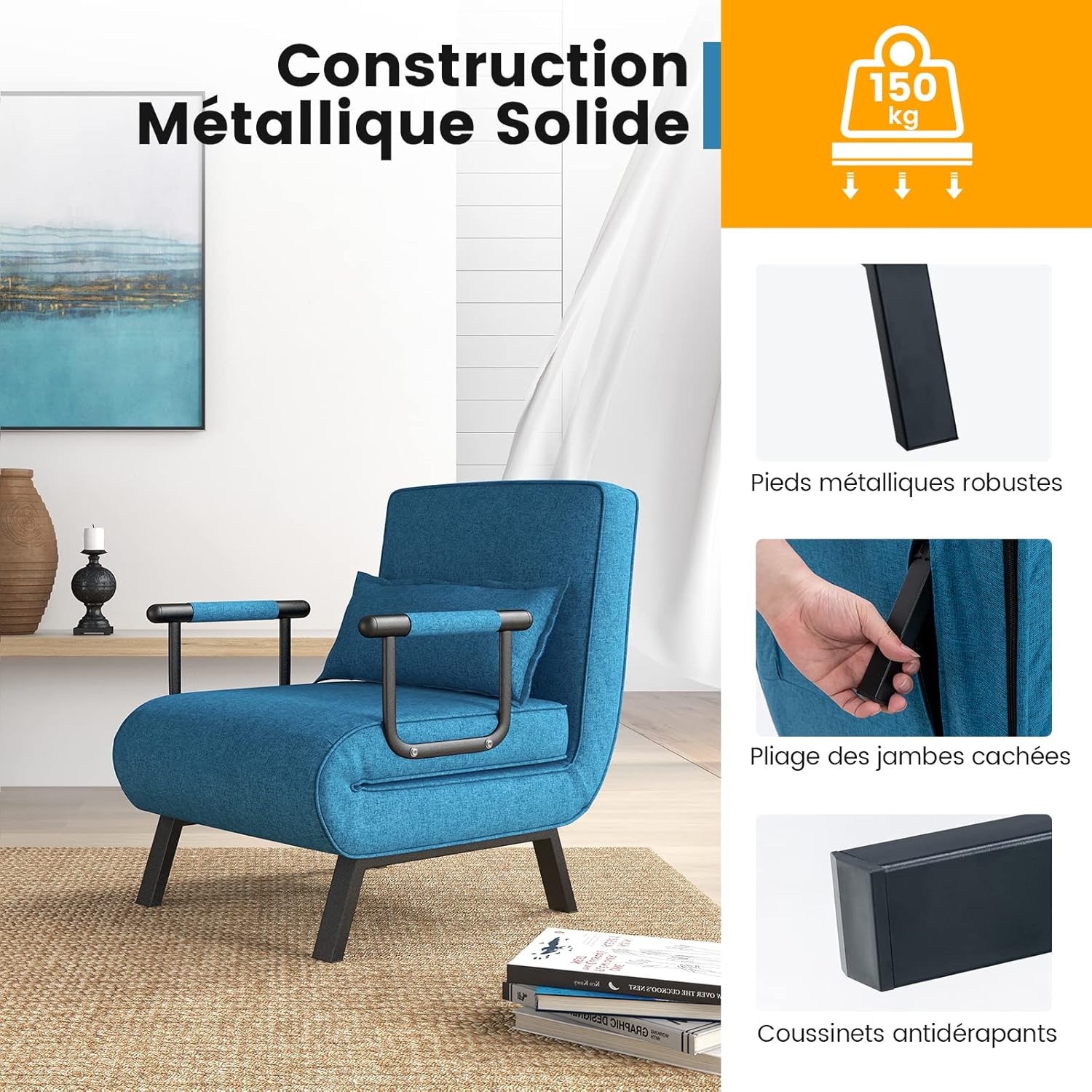 4 in 1 Poltrona Letto Singolo, Poltroncina Pieghevole con Schienale Regolabile in 6 Posizioni, Sedile Imbottito Robusto, Divano Letto per Casa - 6