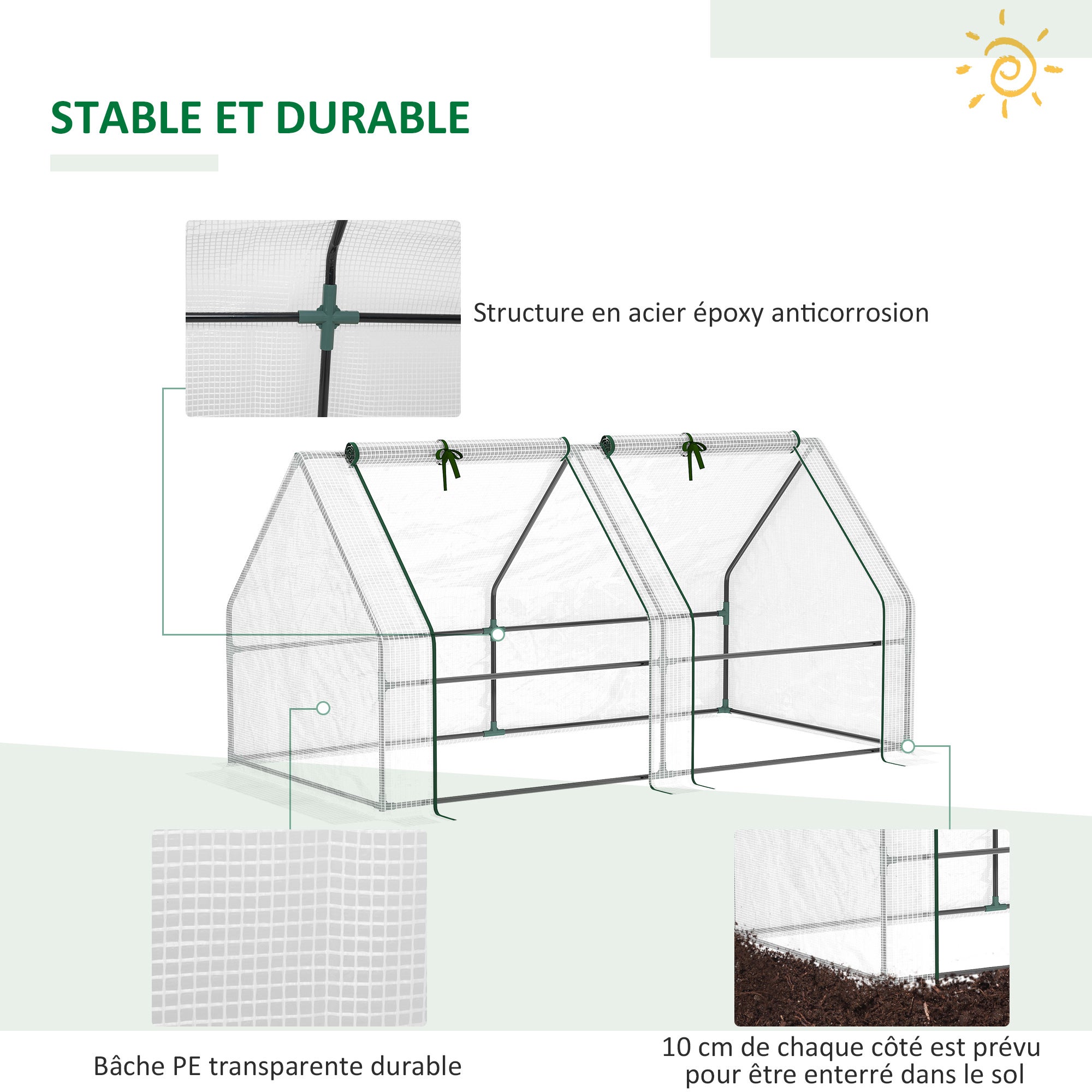 Mini Serre de Jardin mini serre tunnel 180L x 90l x 90H cm toit pointu Acier PE Haute densité 140 g/m² Anti-UV 2 fenêtres avec Zip enroulables Blanc - 8