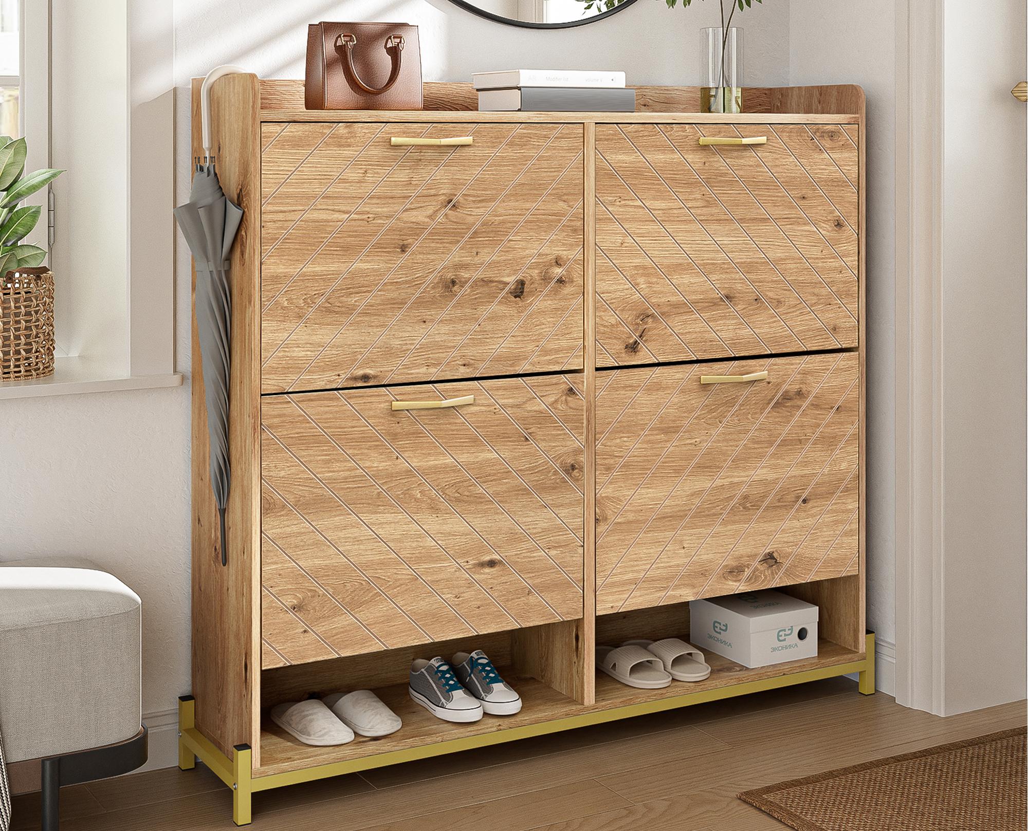 Dulap pantofi modern 108.5x24x100cm - cu 4 uși - MDF - Natural